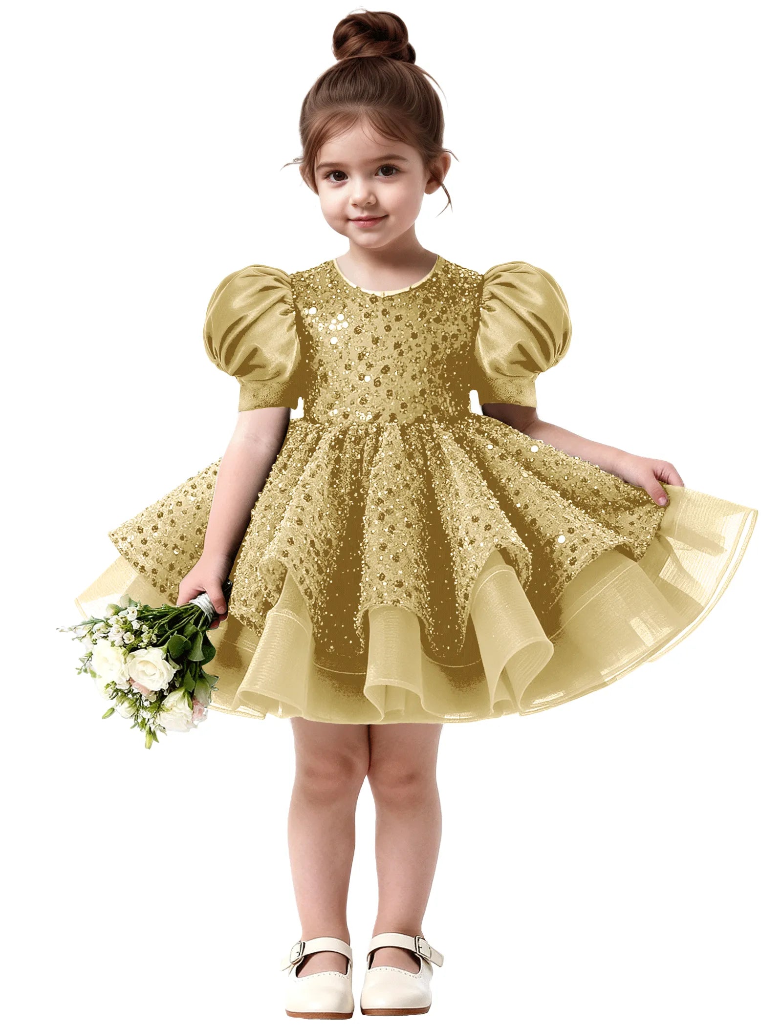 Ruffled Tulle Pageant Dress with Puff Sleeves