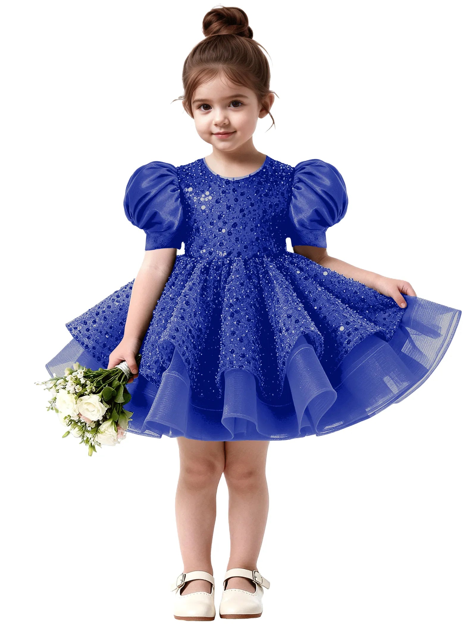 Ruffled Tulle Pageant Dress with Puff Sleeves