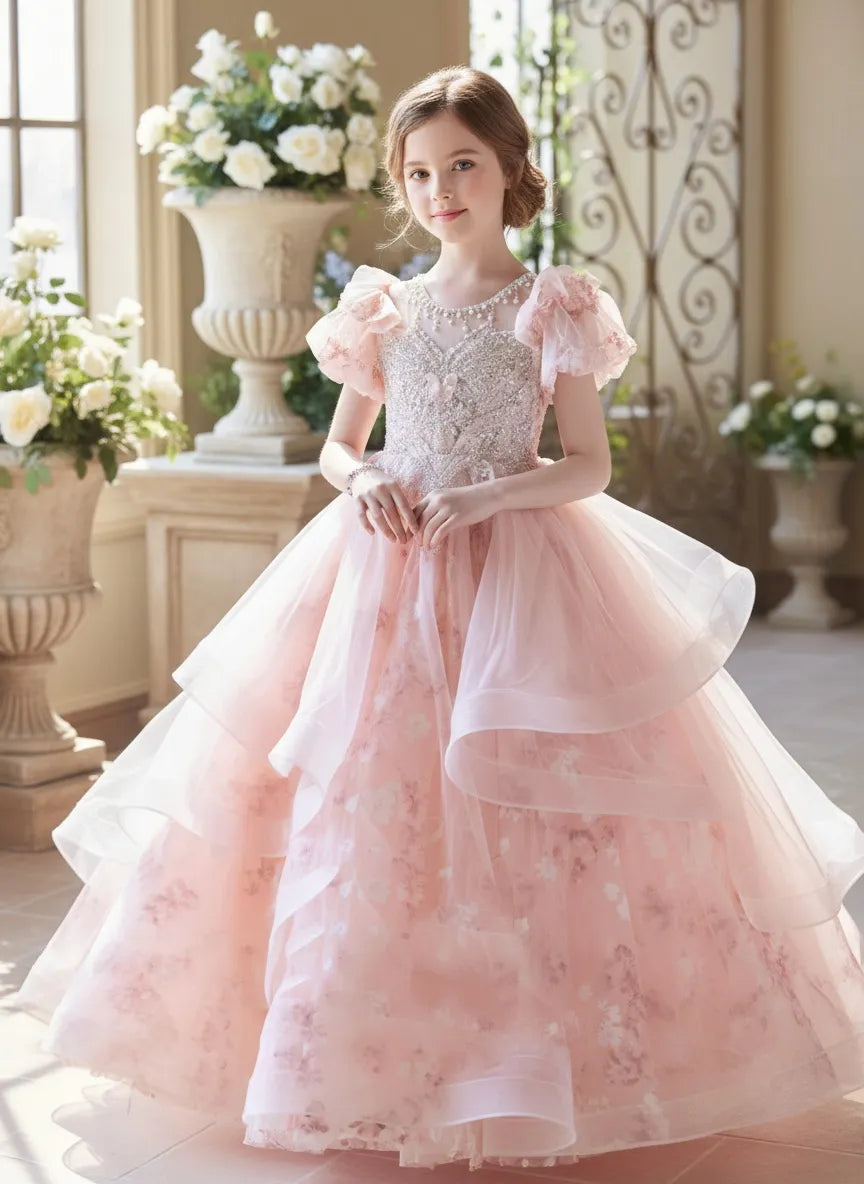 Puff Sleeve Floral Flower Girl Dress with Pearl Neckline & Layers