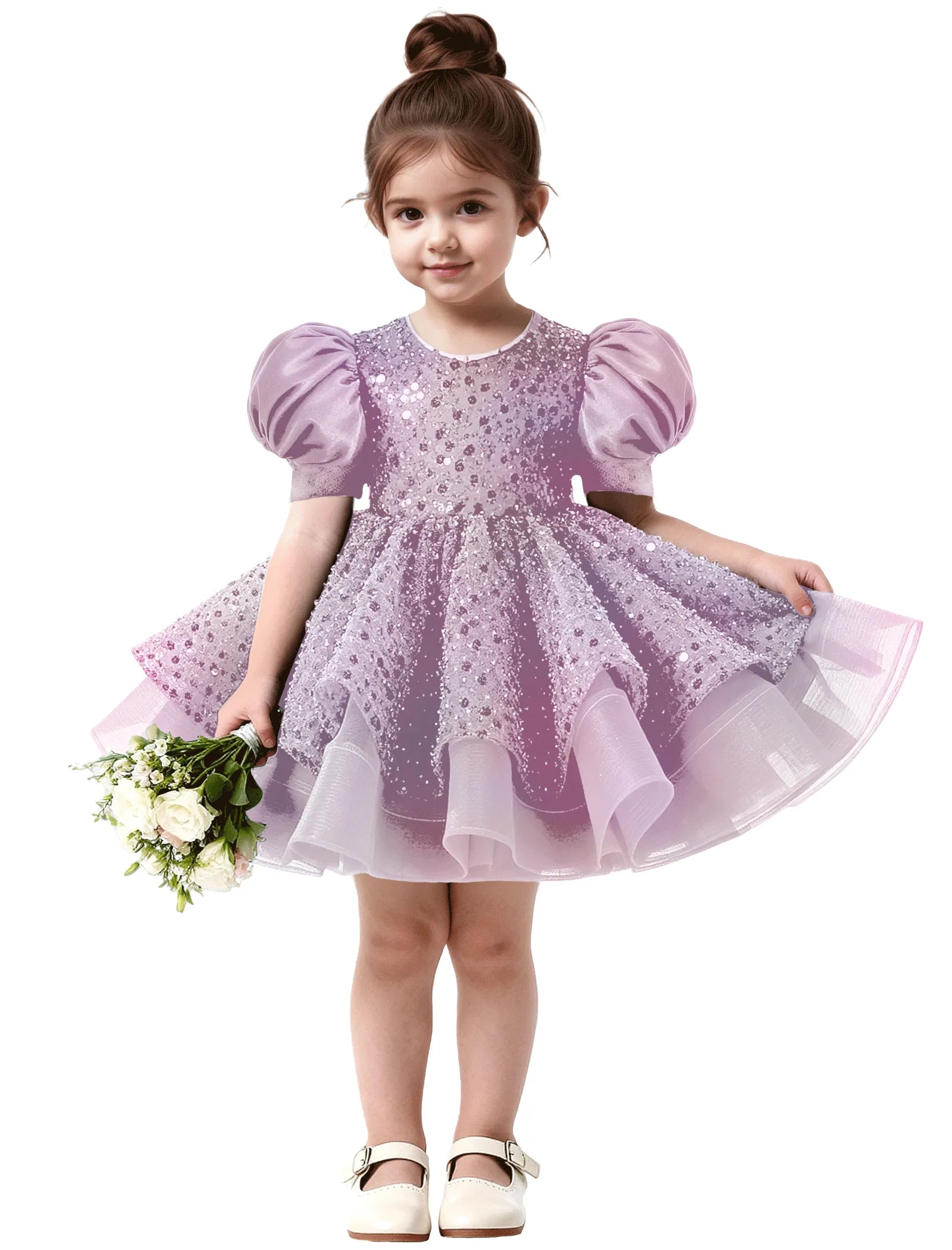 Ruffled Tulle Pageant Dress with Puff Sleeves