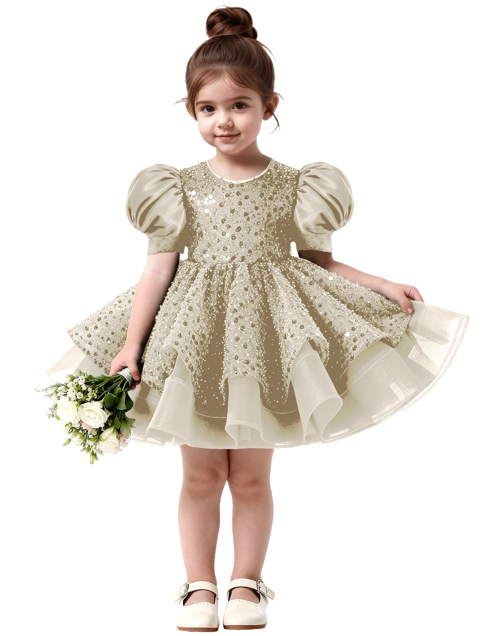 Ruffled Tulle Pageant Dress with Puff Sleeves