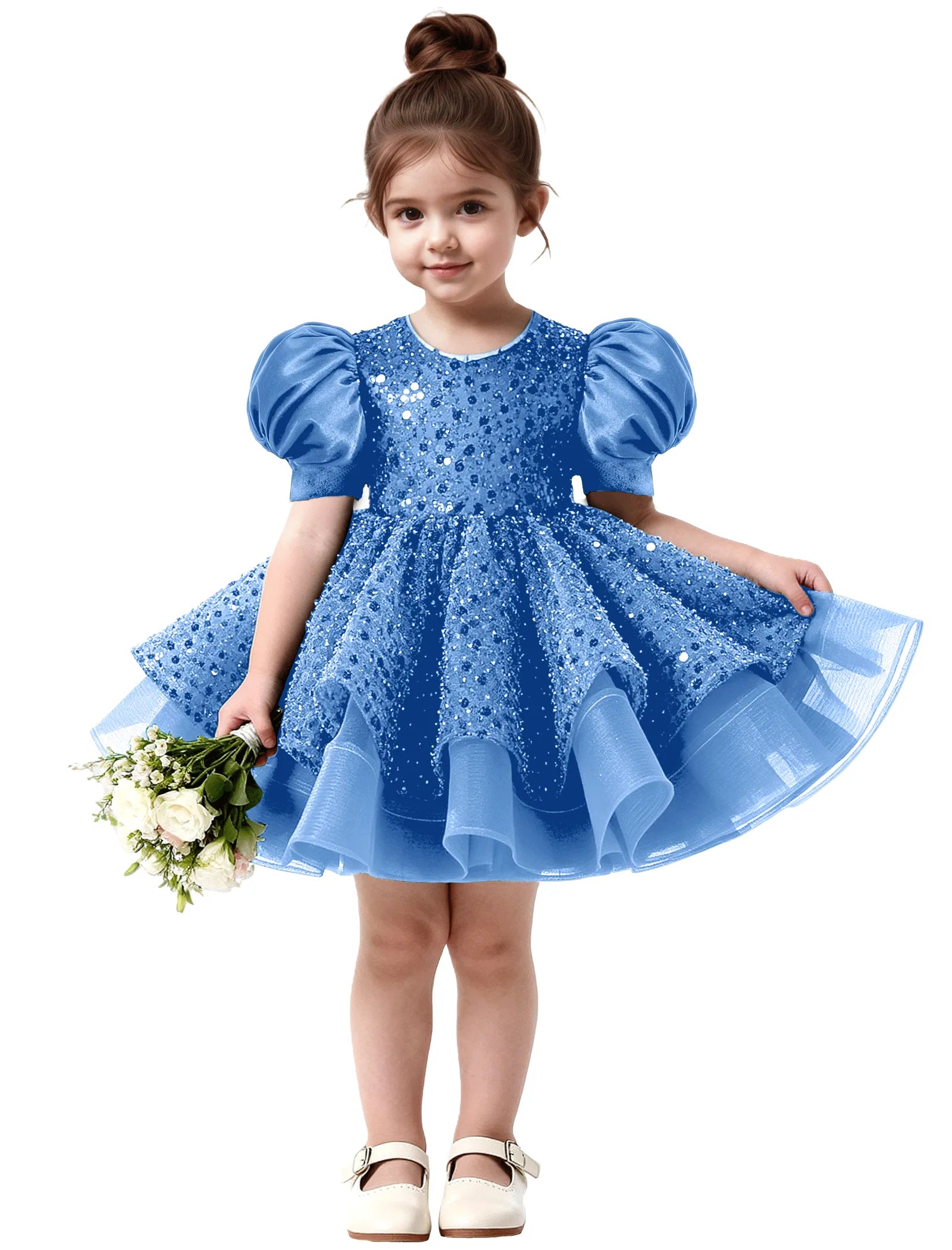Ruffled Tulle Pageant Dress with Puff Sleeves
