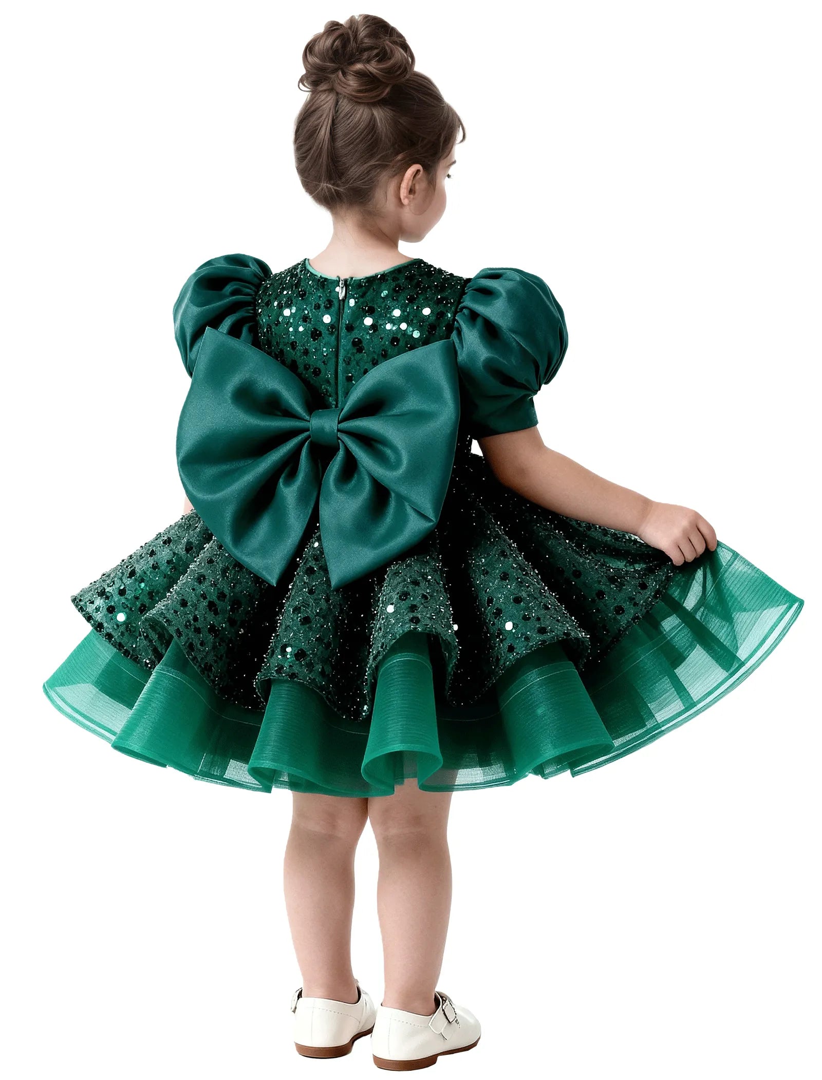Ruffled Tulle Pageant Dress with Puff Sleeves