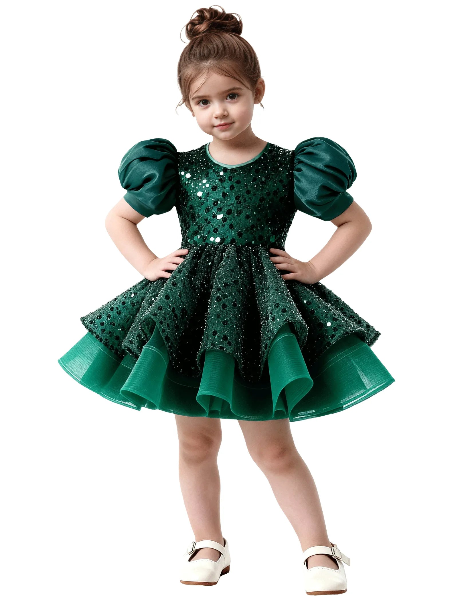 Ruffled Tulle Pageant Dress with Puff Sleeves