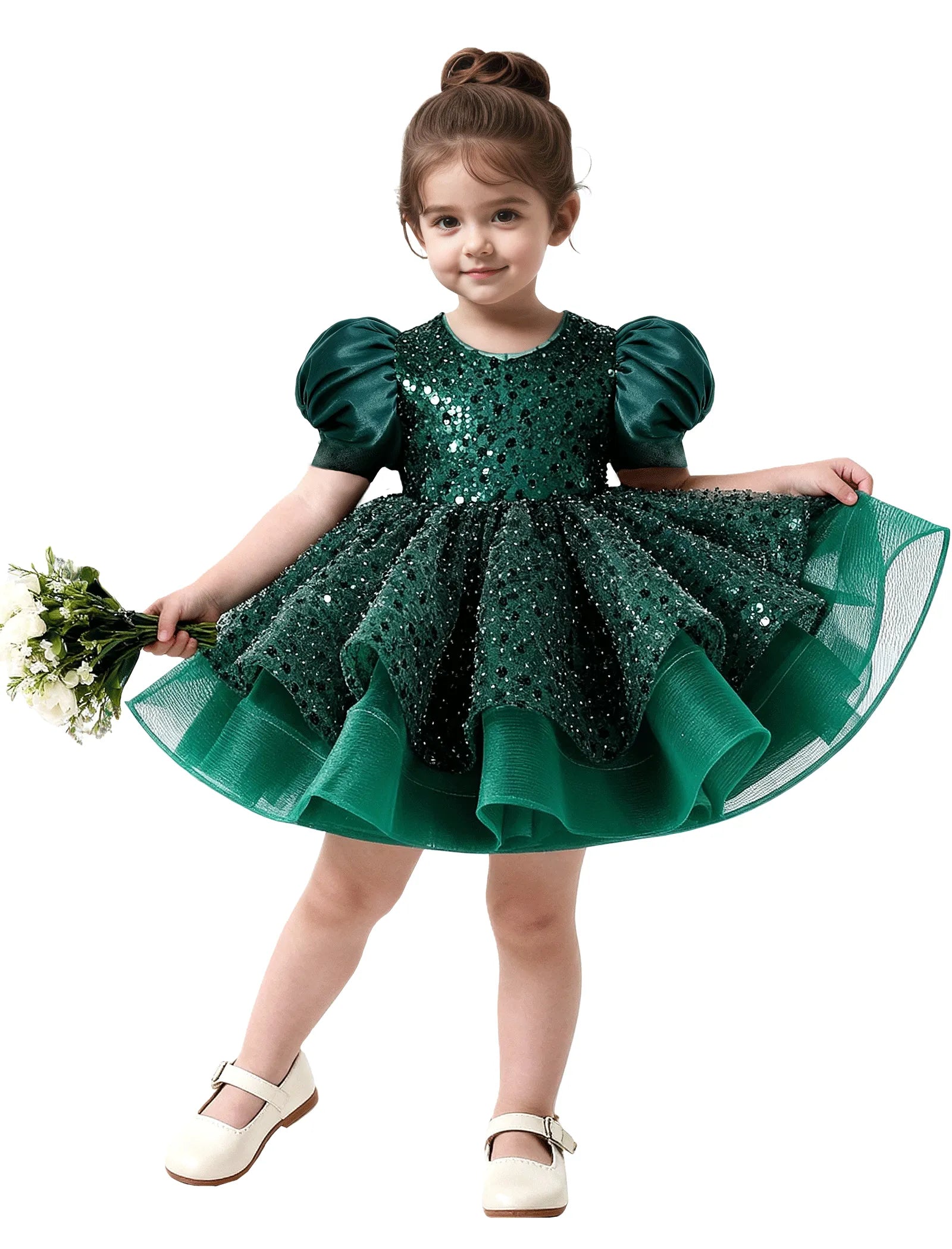 Ruffled Tulle Pageant Dress with Puff Sleeves