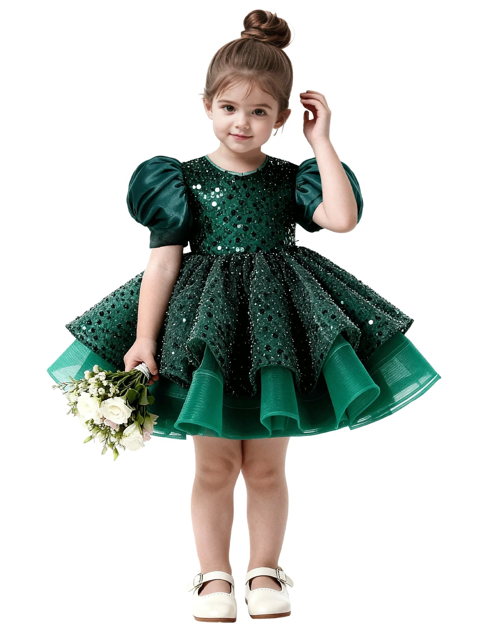 Ruffled Tulle Pageant Dress with Puff Sleeves