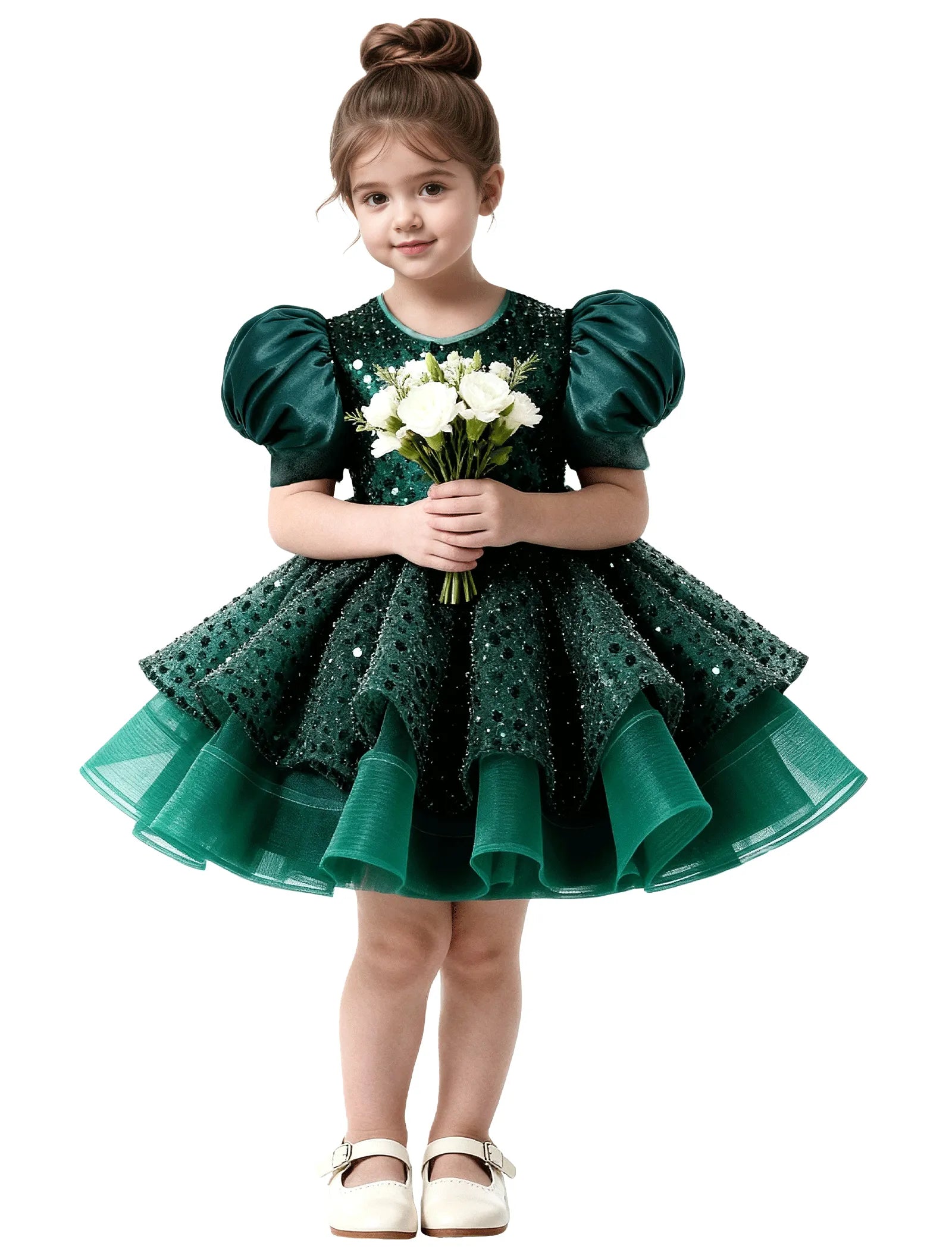 Ruffled Tulle Pageant Dress with Puff Sleeves