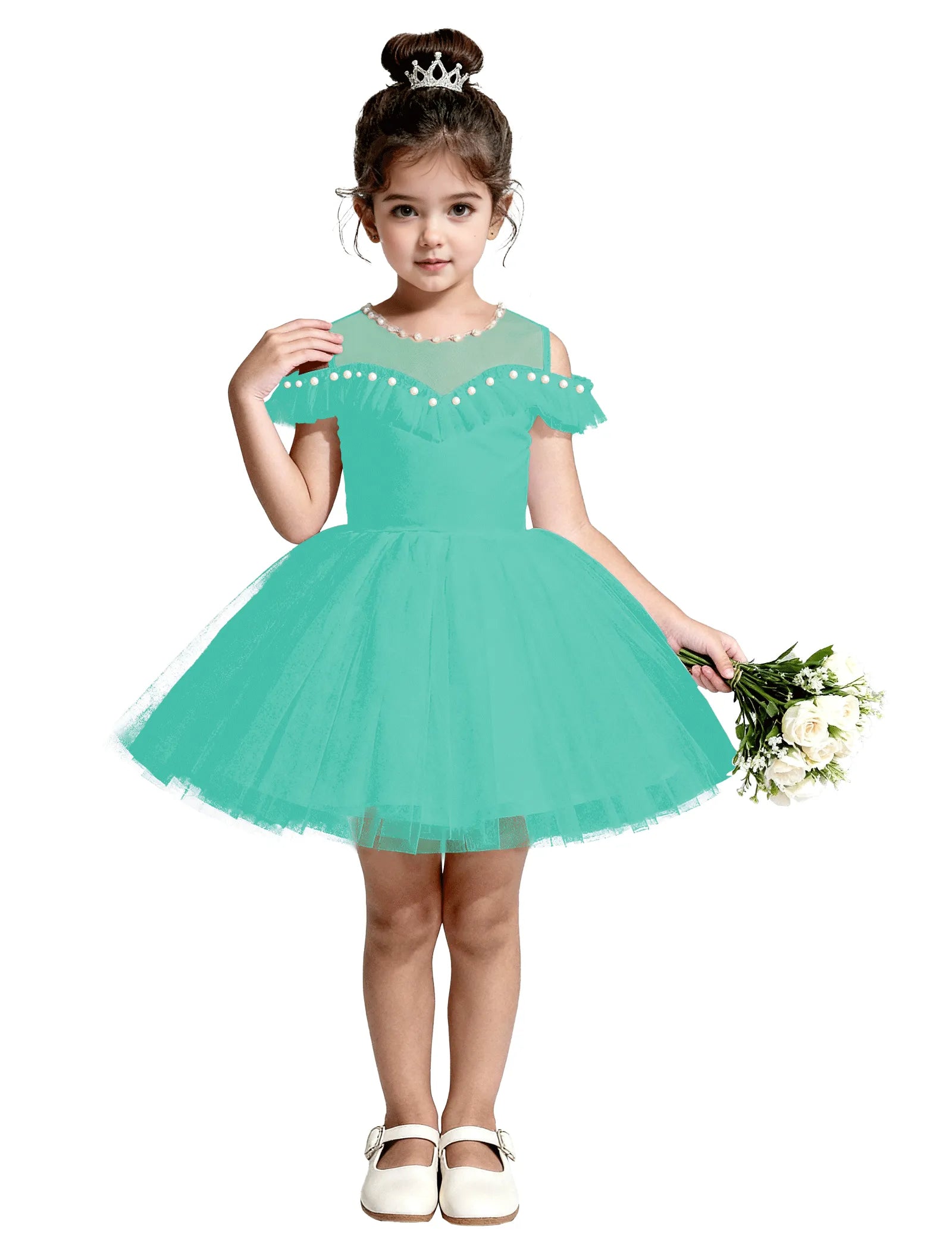 Tulle Flower Girl Dress with Pearl Straps