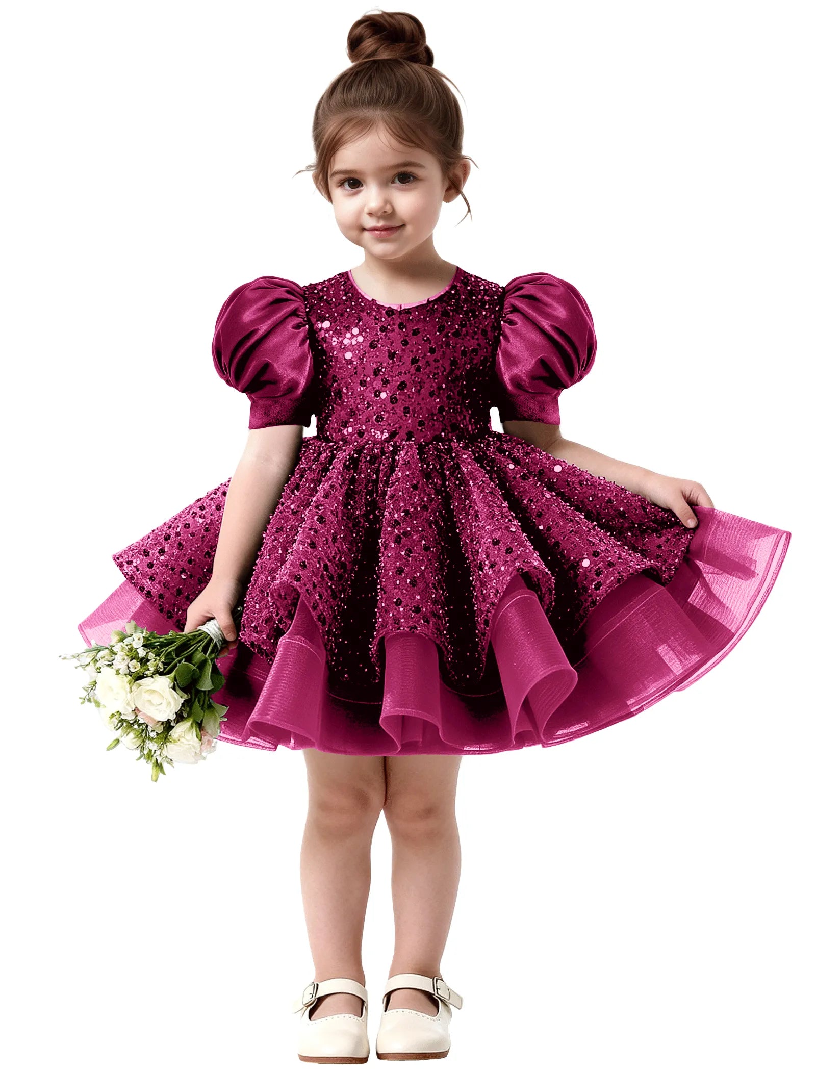 Ruffled Tulle Pageant Dress with Puff Sleeves