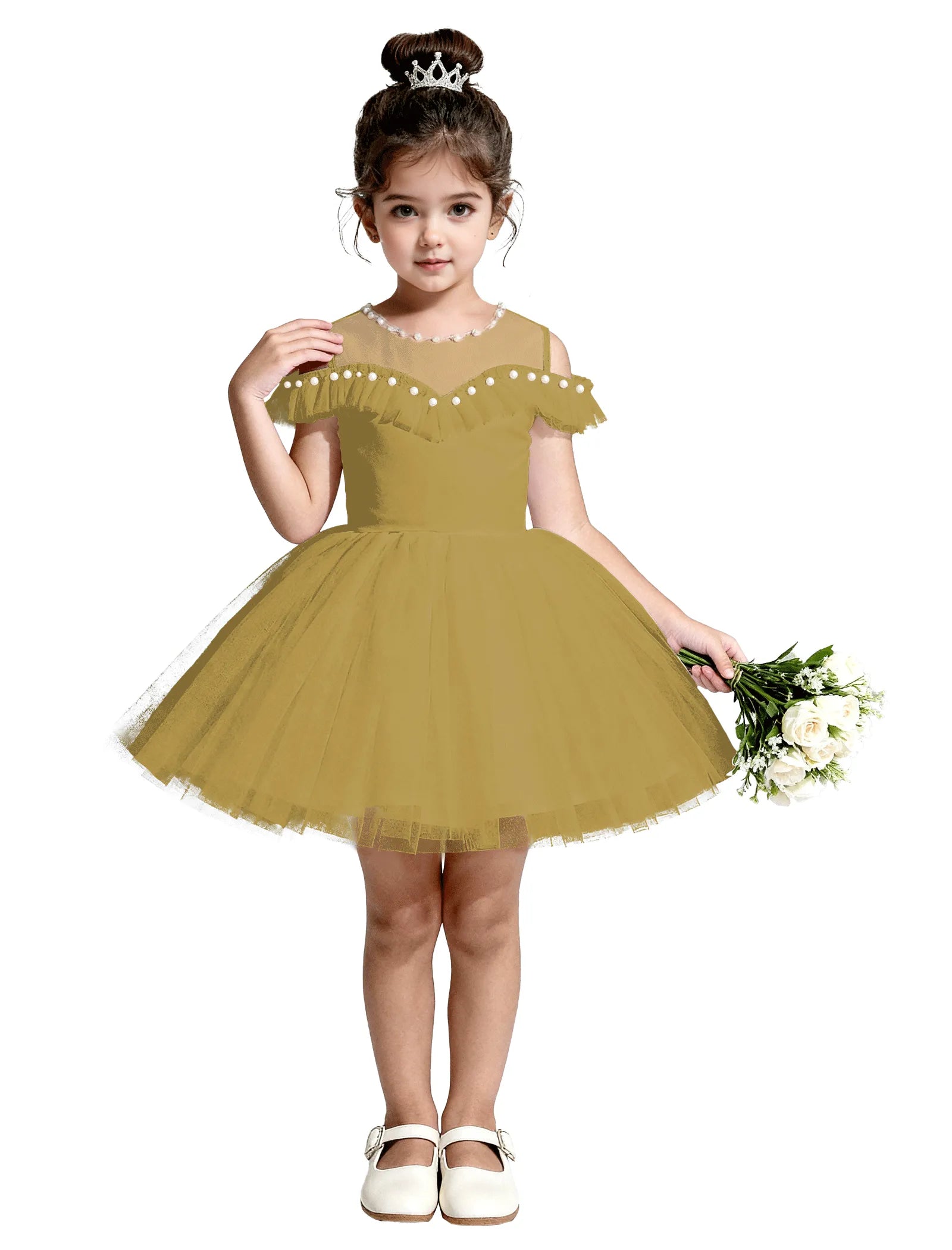 Tulle Flower Girl Dress with Pearl Straps