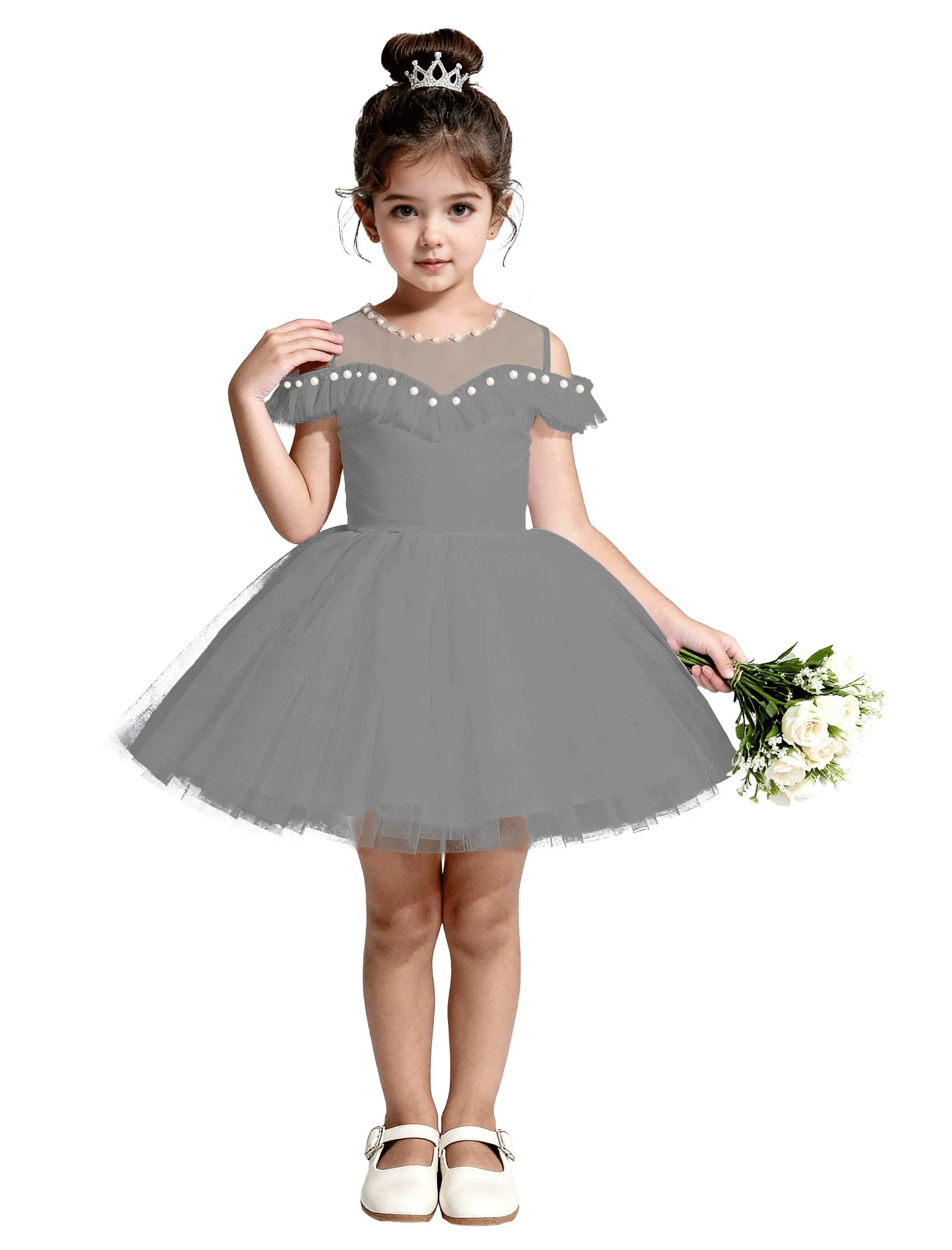 Tulle Flower Girl Dress with Pearl Straps