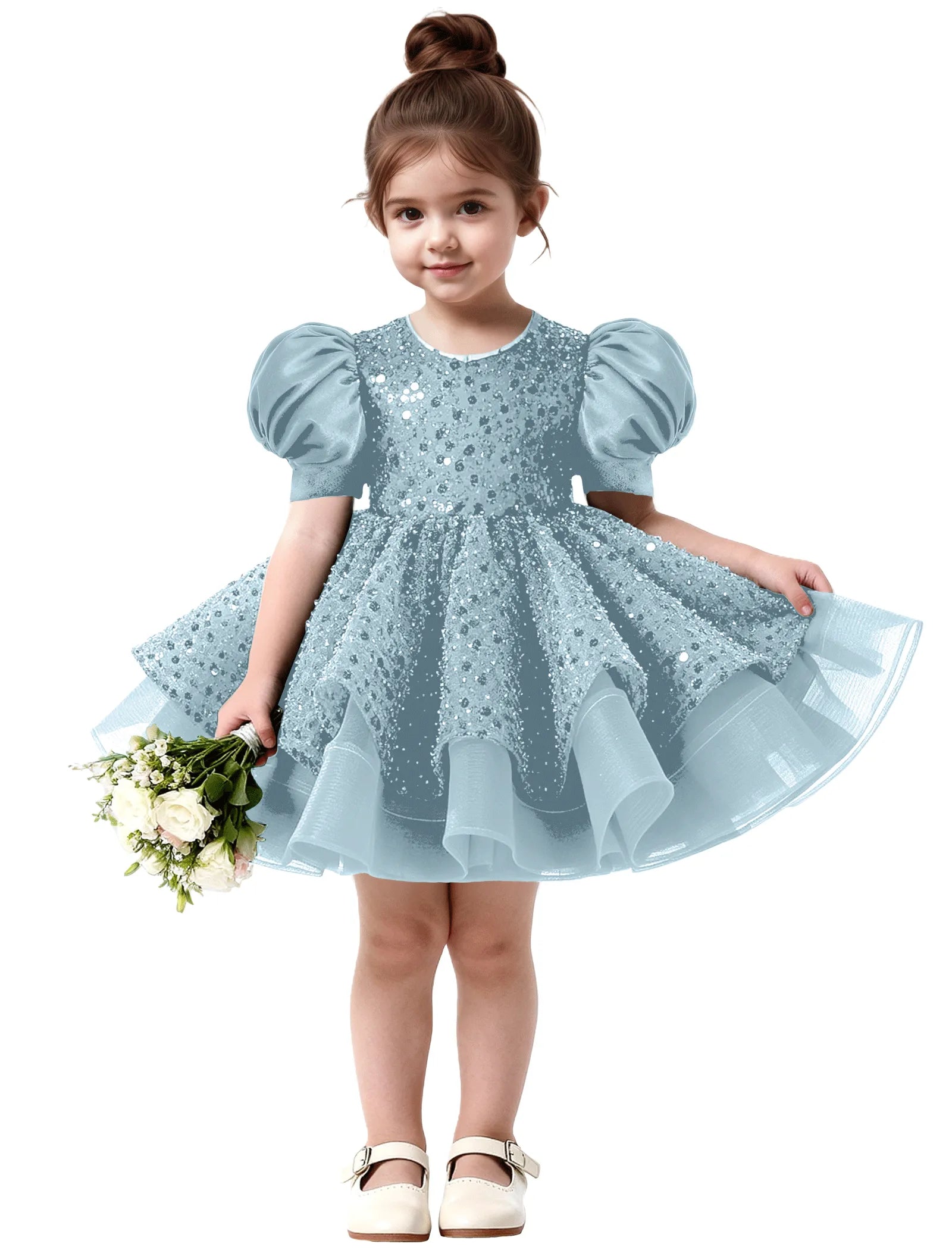 Ruffled Tulle Pageant Dress with Puff Sleeves