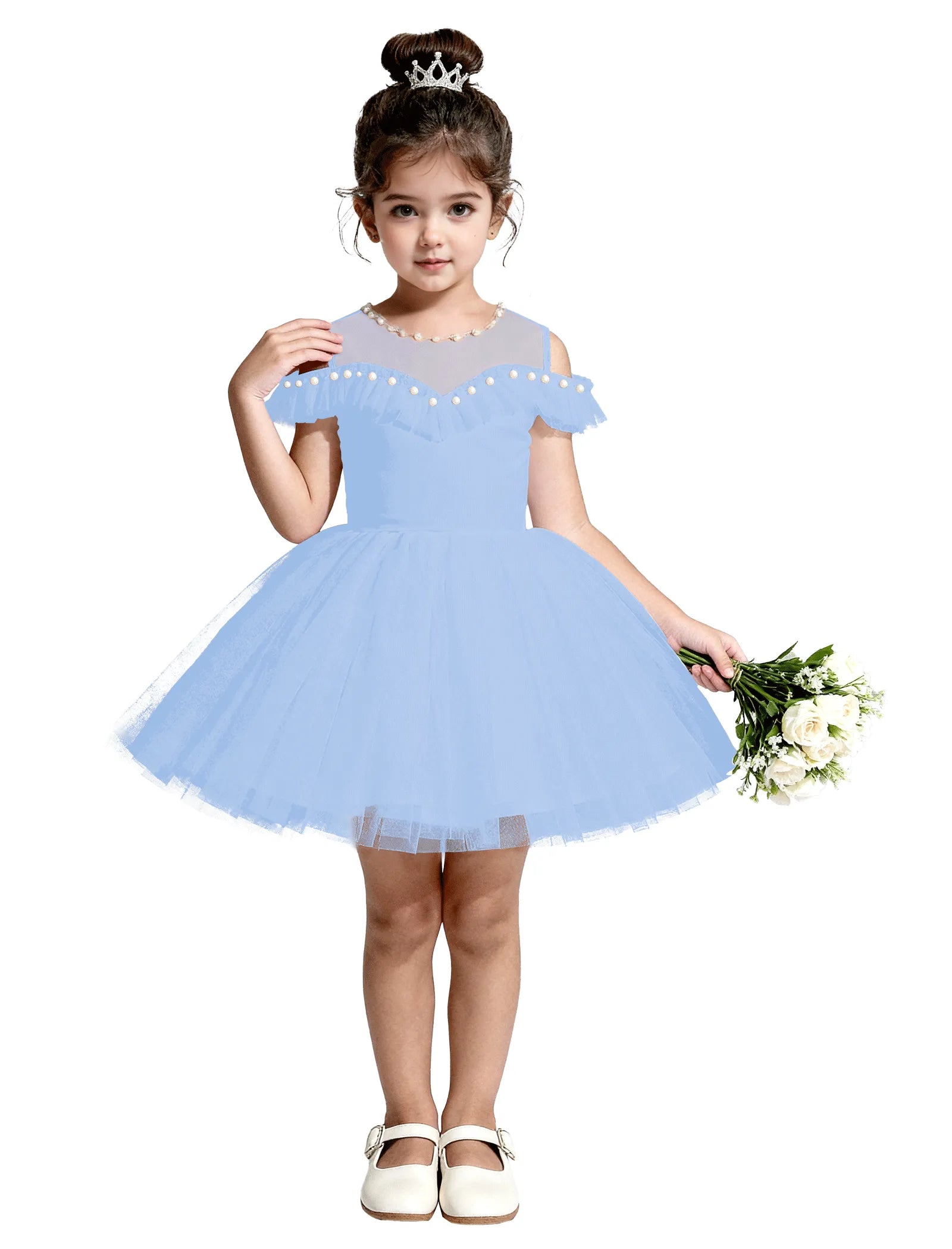 Tulle Flower Girl Dress with Pearl Straps