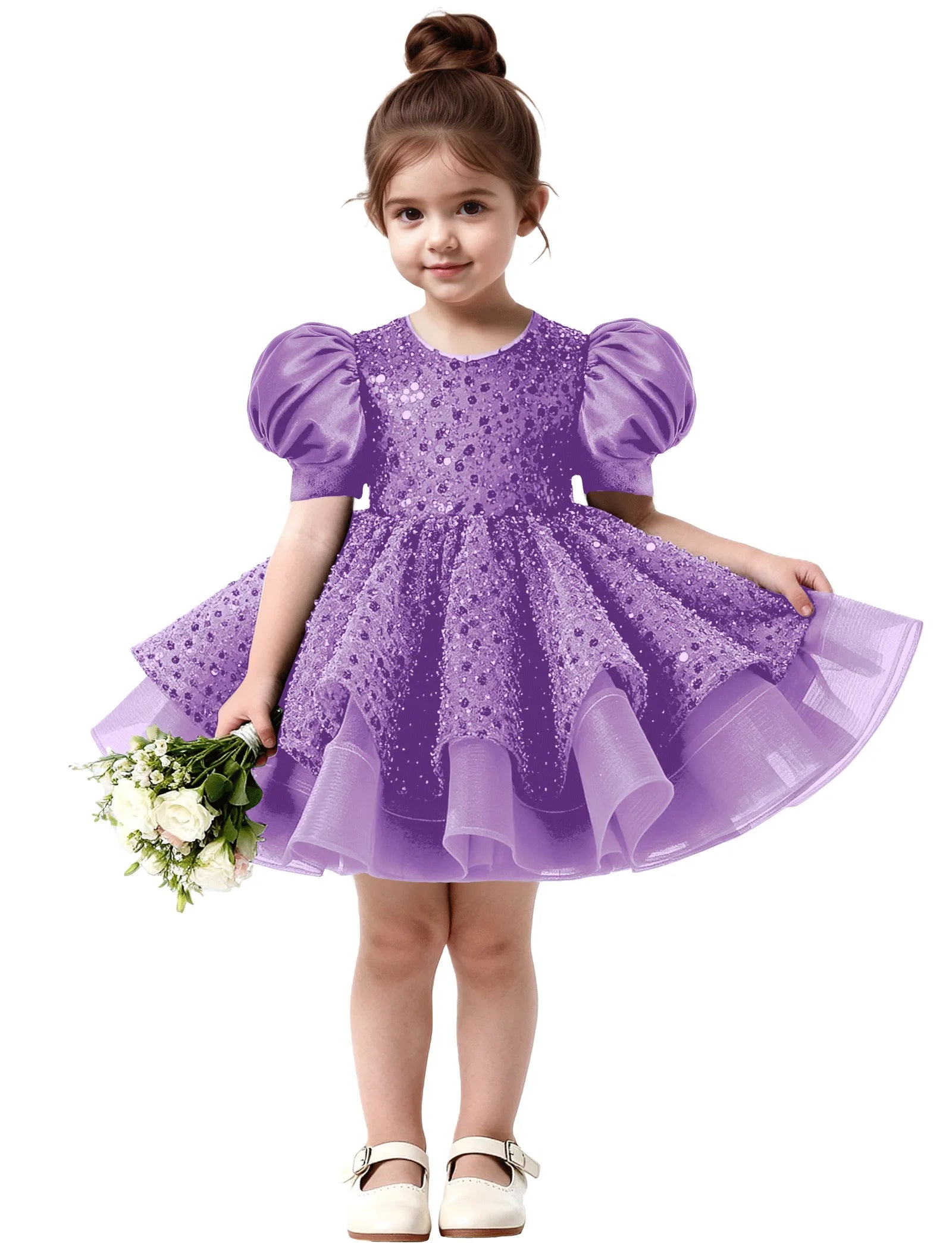 Ruffled Tulle Pageant Dress with Puff Sleeves