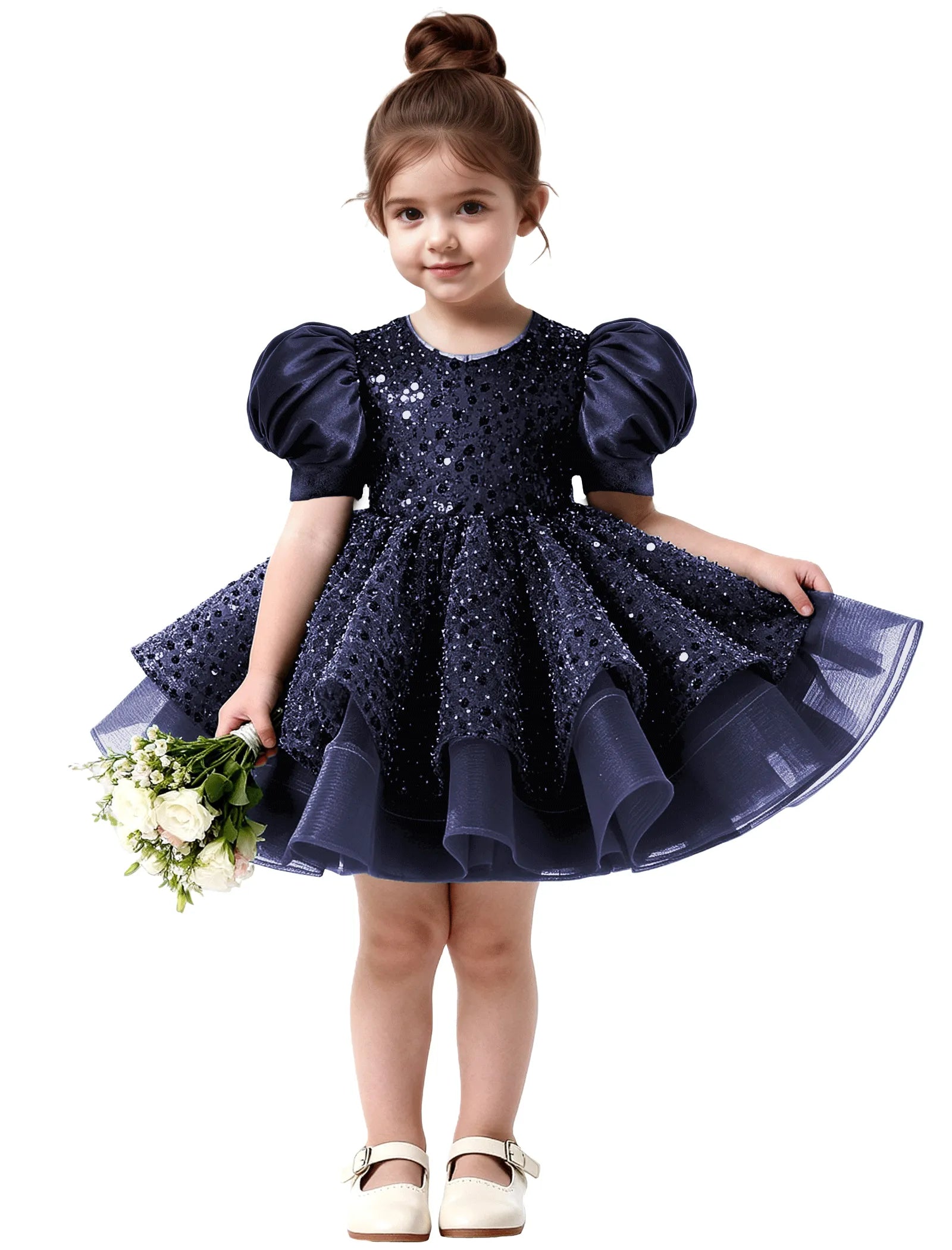 Ruffled Tulle Pageant Dress with Puff Sleeves