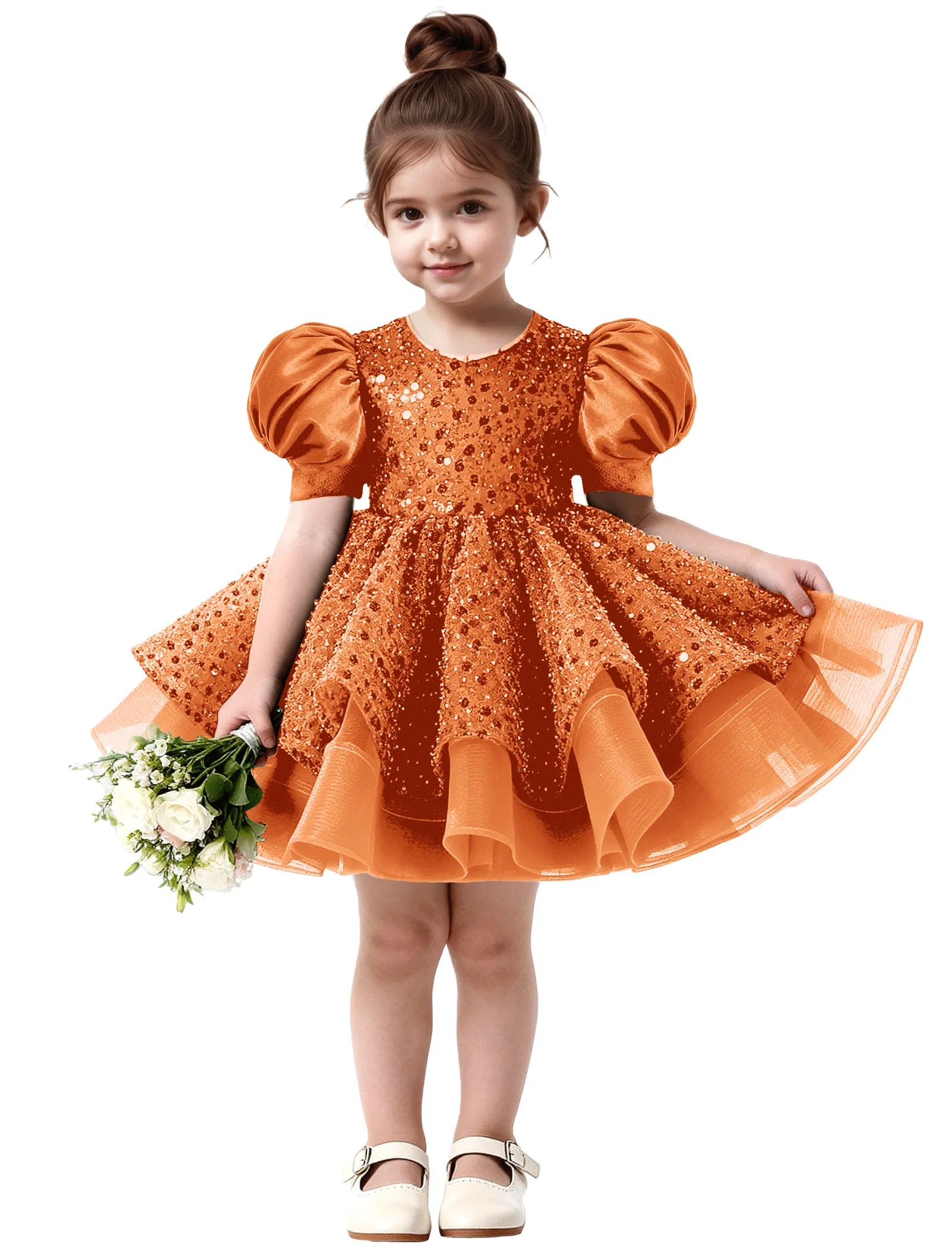 Ruffled Tulle Pageant Dress with Puff Sleeves