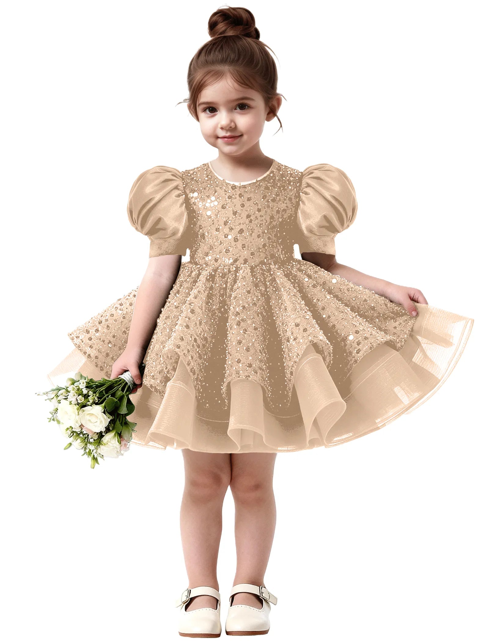 Ruffled Tulle Pageant Dress with Puff Sleeves