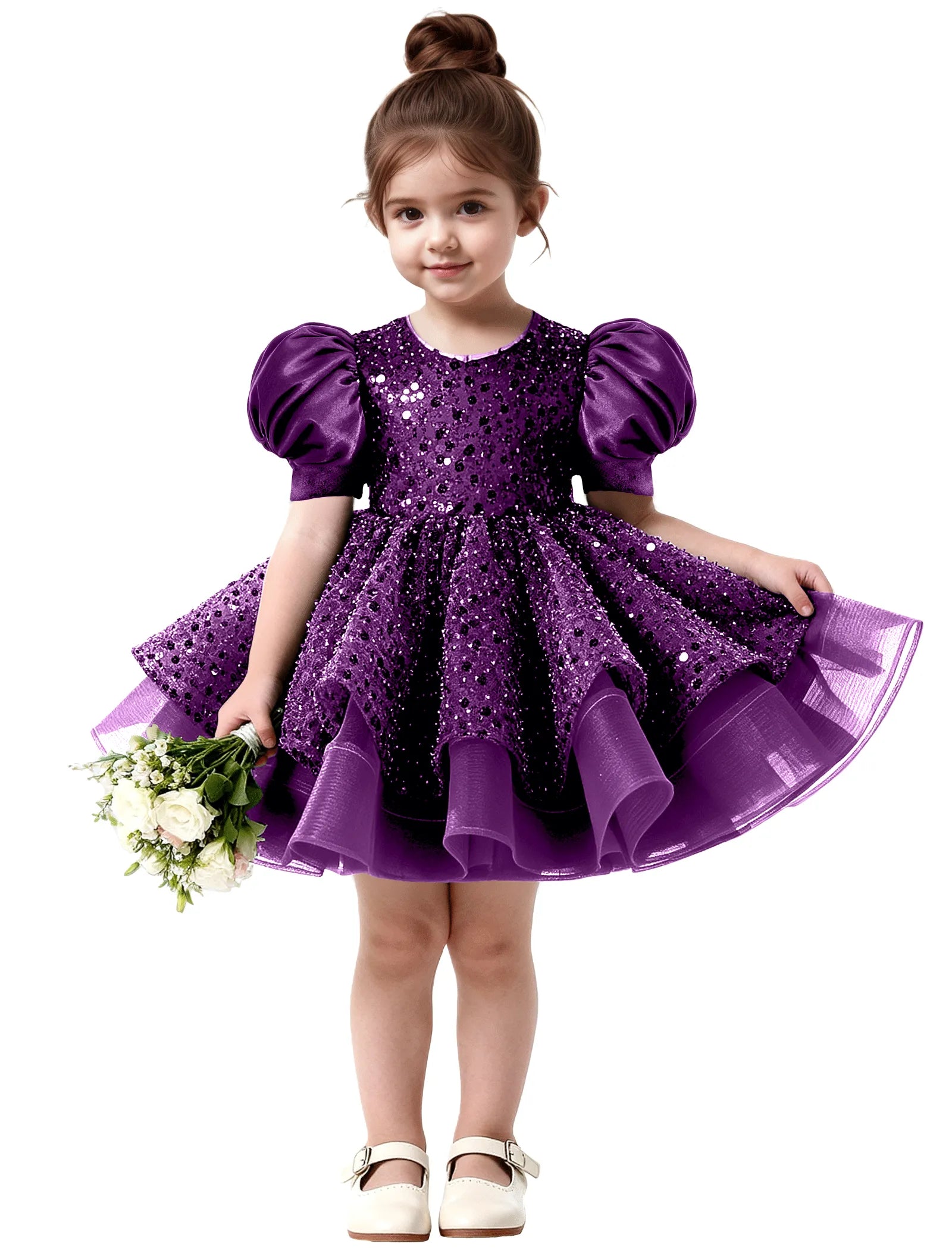 Ruffled Tulle Pageant Dress with Puff Sleeves
