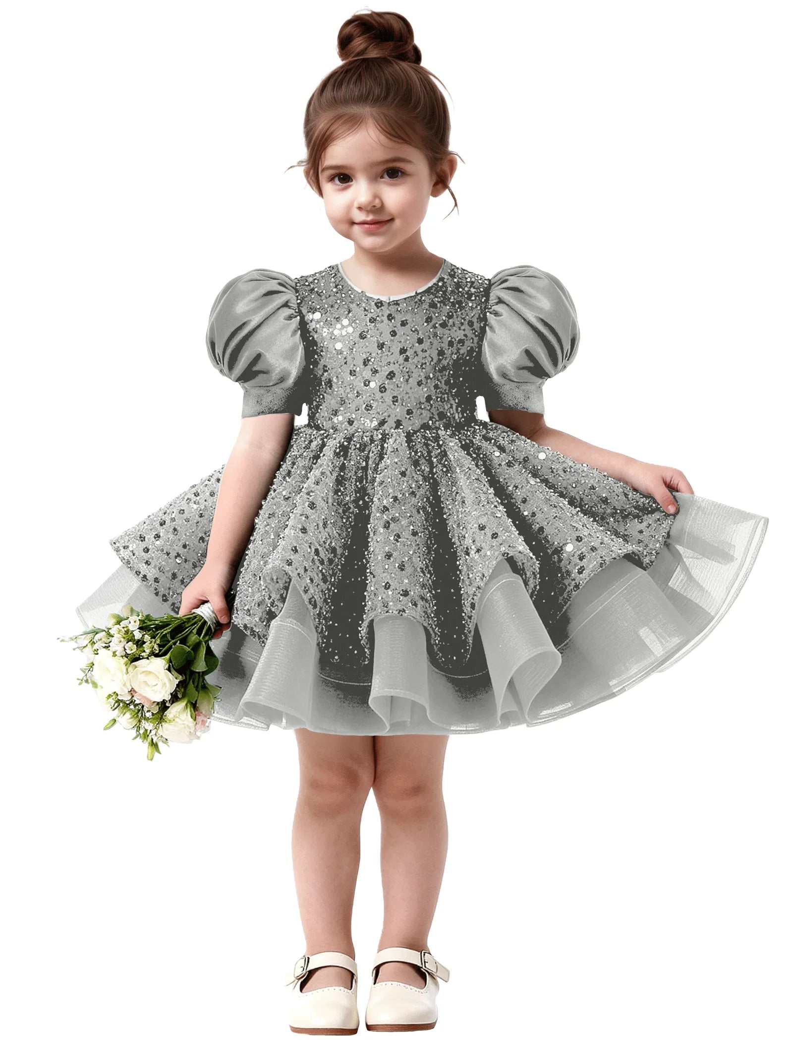 Ruffled Tulle Pageant Dress with Puff Sleeves