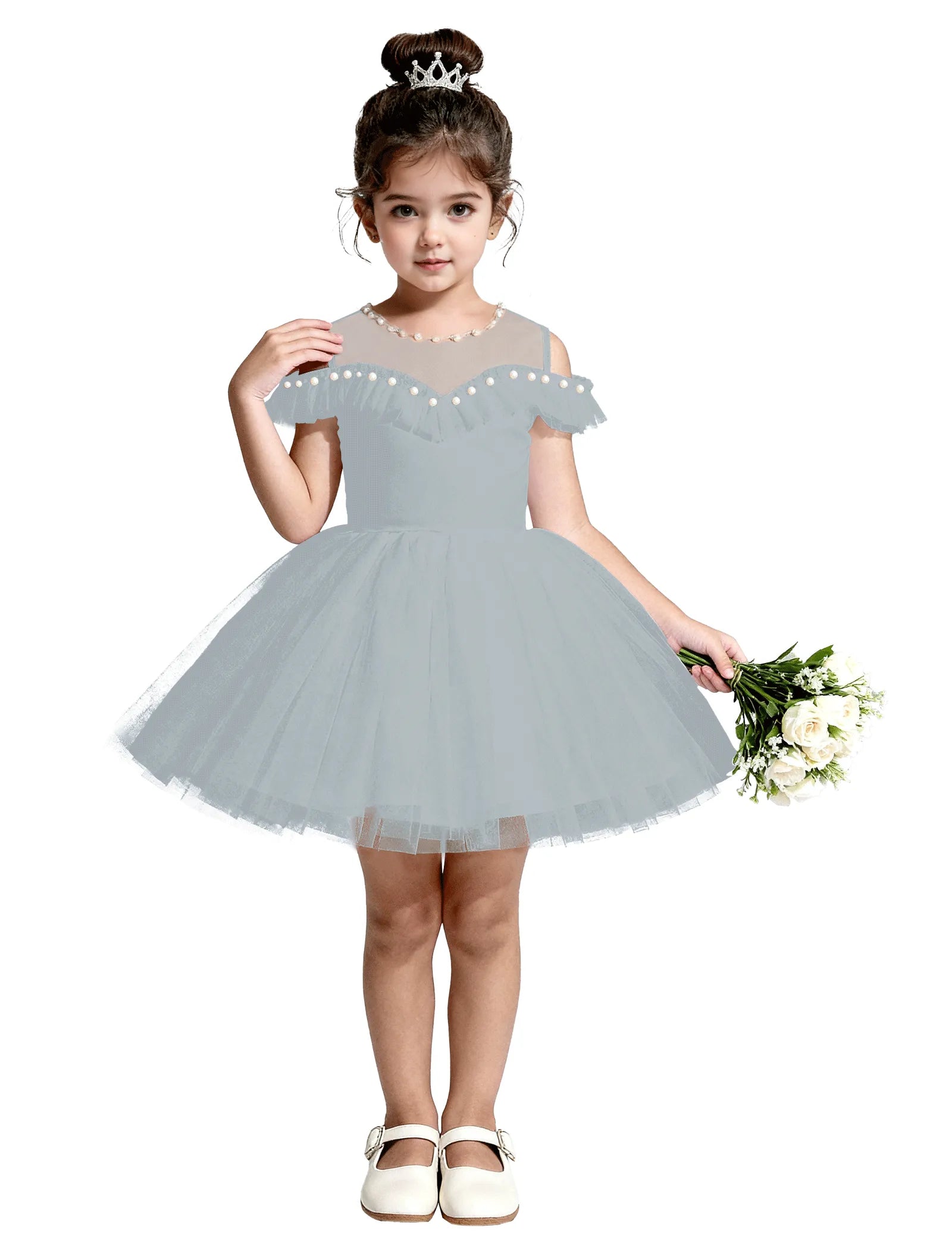 Tulle Flower Girl Dress with Pearl Straps