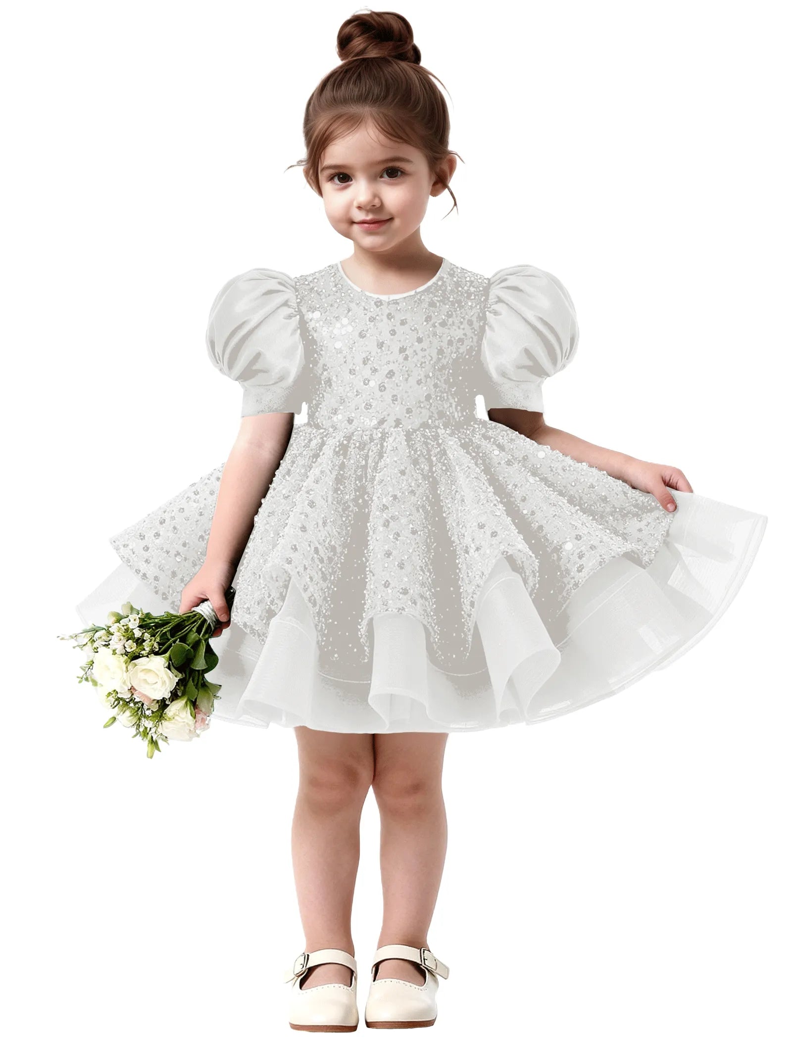 Ruffled Tulle Pageant Dress with Puff Sleeves