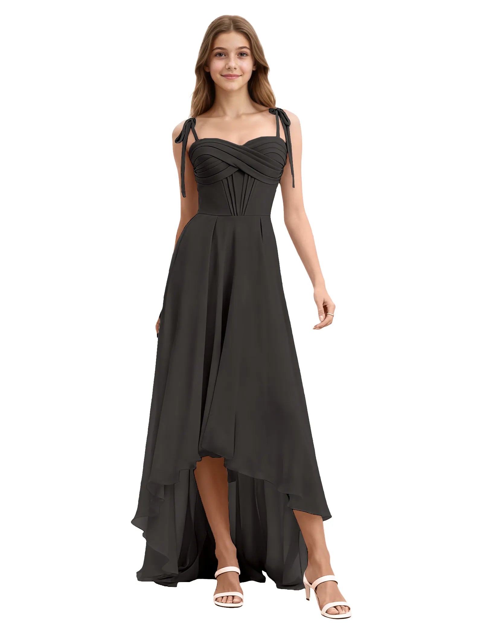 Girls High Low Chiffon Dress with Ruched Bodice