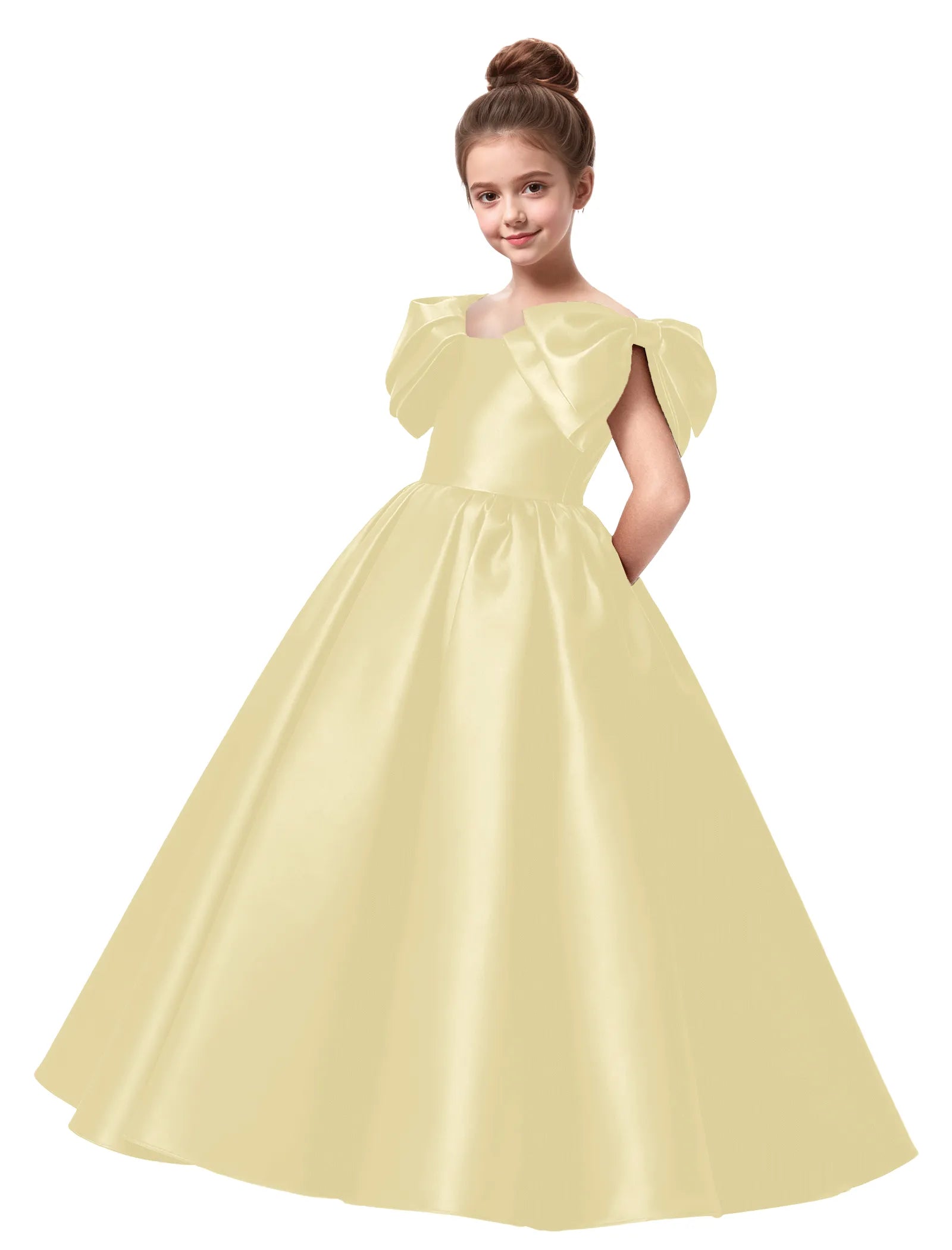 Junior Bridesmaid Satin Dress with Dramatic Bows