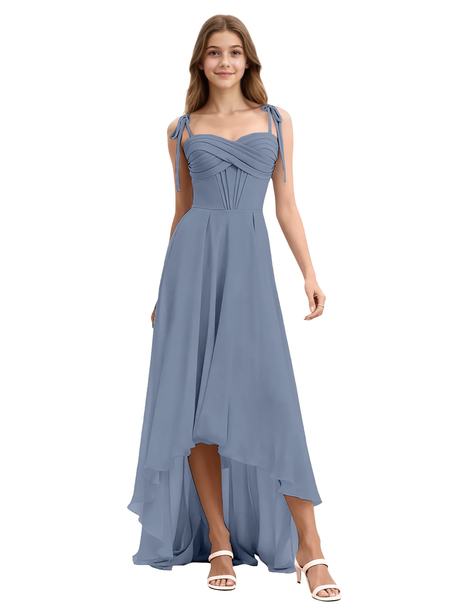 Girls High Low Chiffon Dress with Ruched Bodice