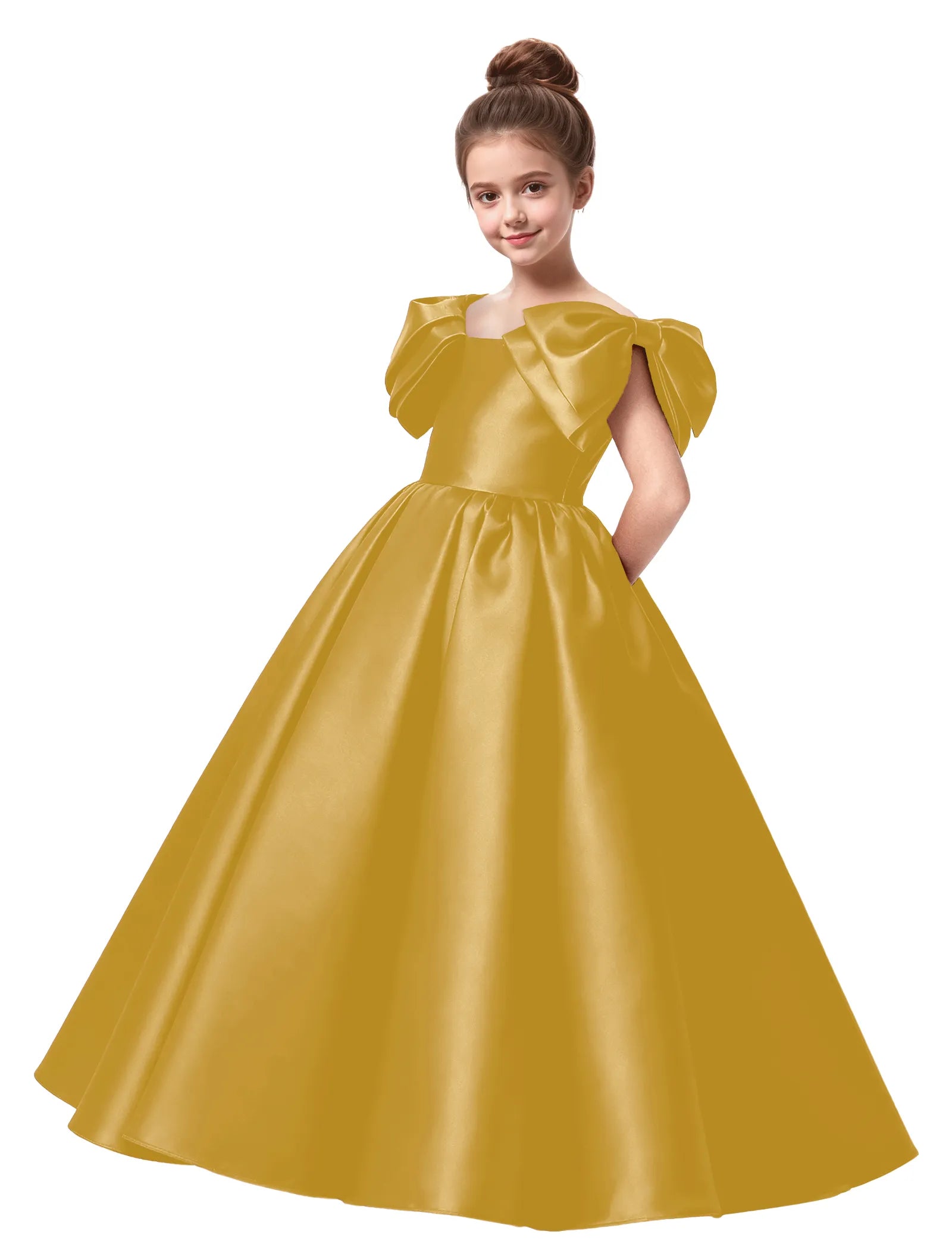Junior Bridesmaid Satin Dress with Dramatic Bows
