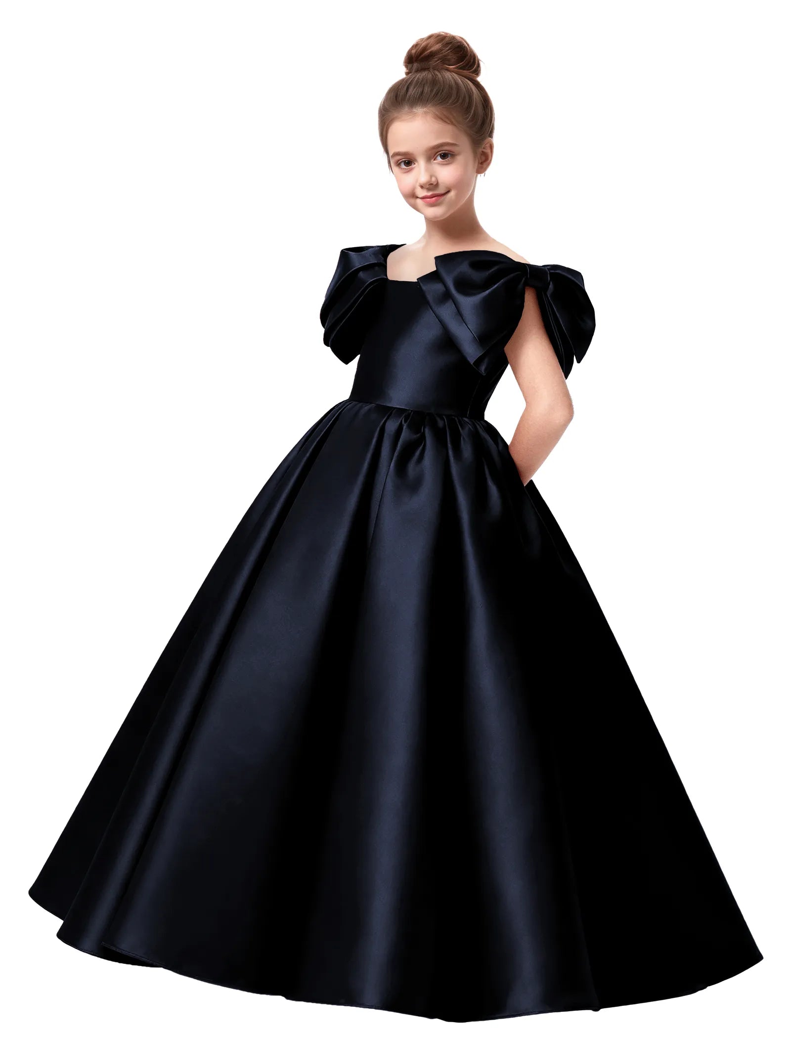 Junior Bridesmaid Satin Dress with Dramatic Bows
