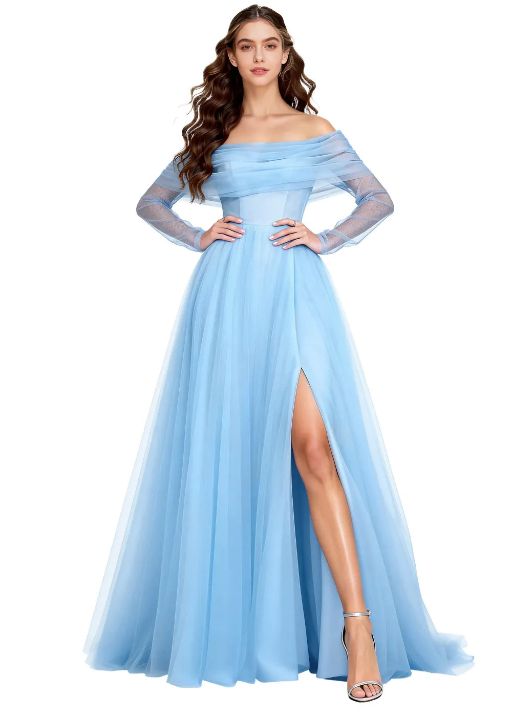 Off-Shoulder Tulle Long Sleeve A-Line Gown with Slit