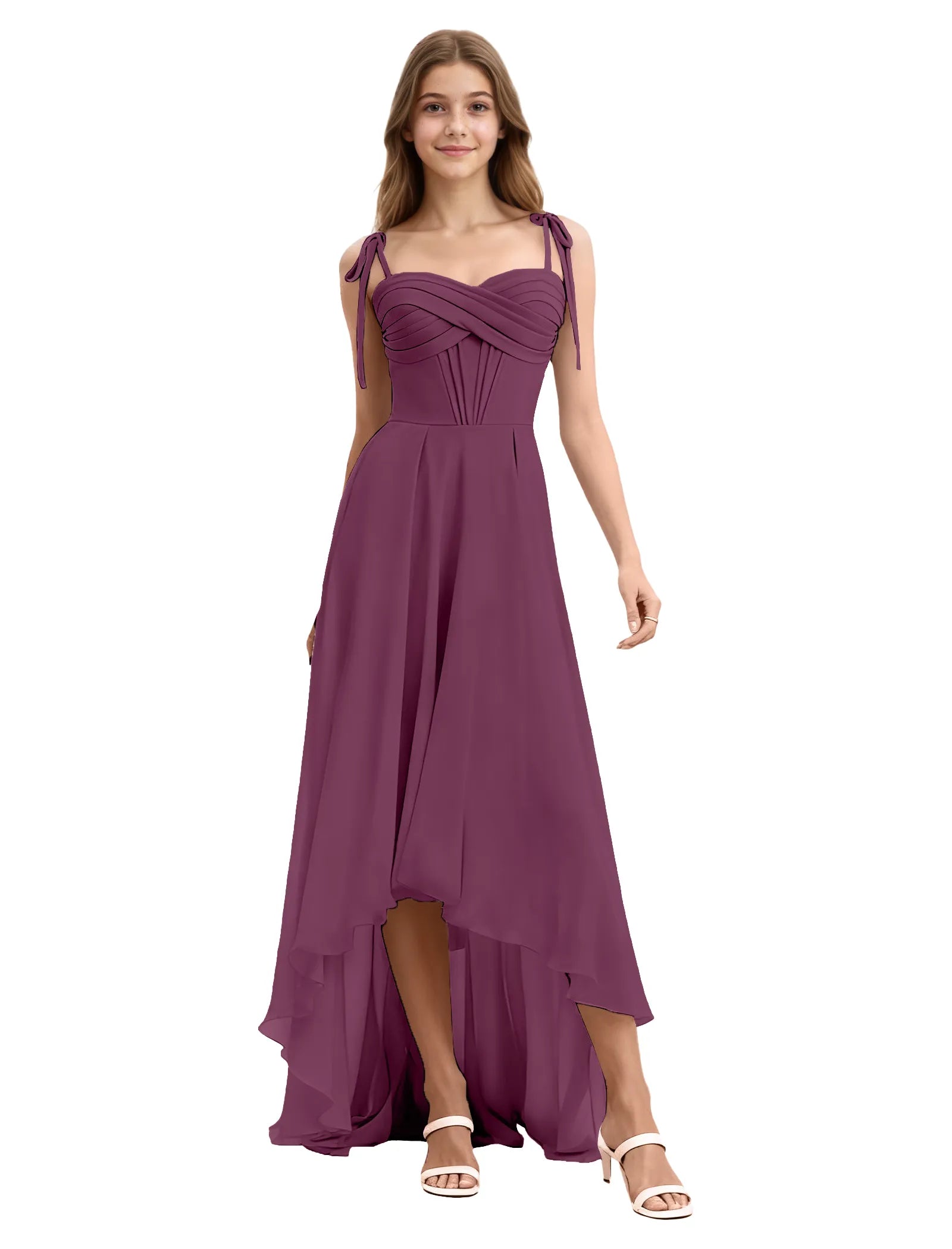 Girls High Low Chiffon Dress with Ruched Bodice