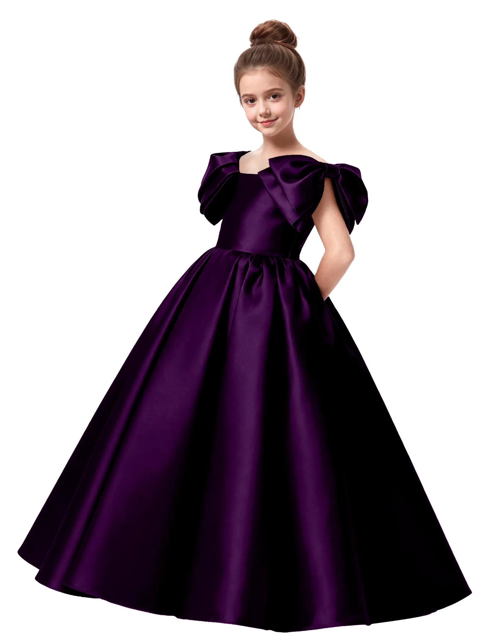 Junior Bridesmaid Satin Dress with Dramatic Bows
