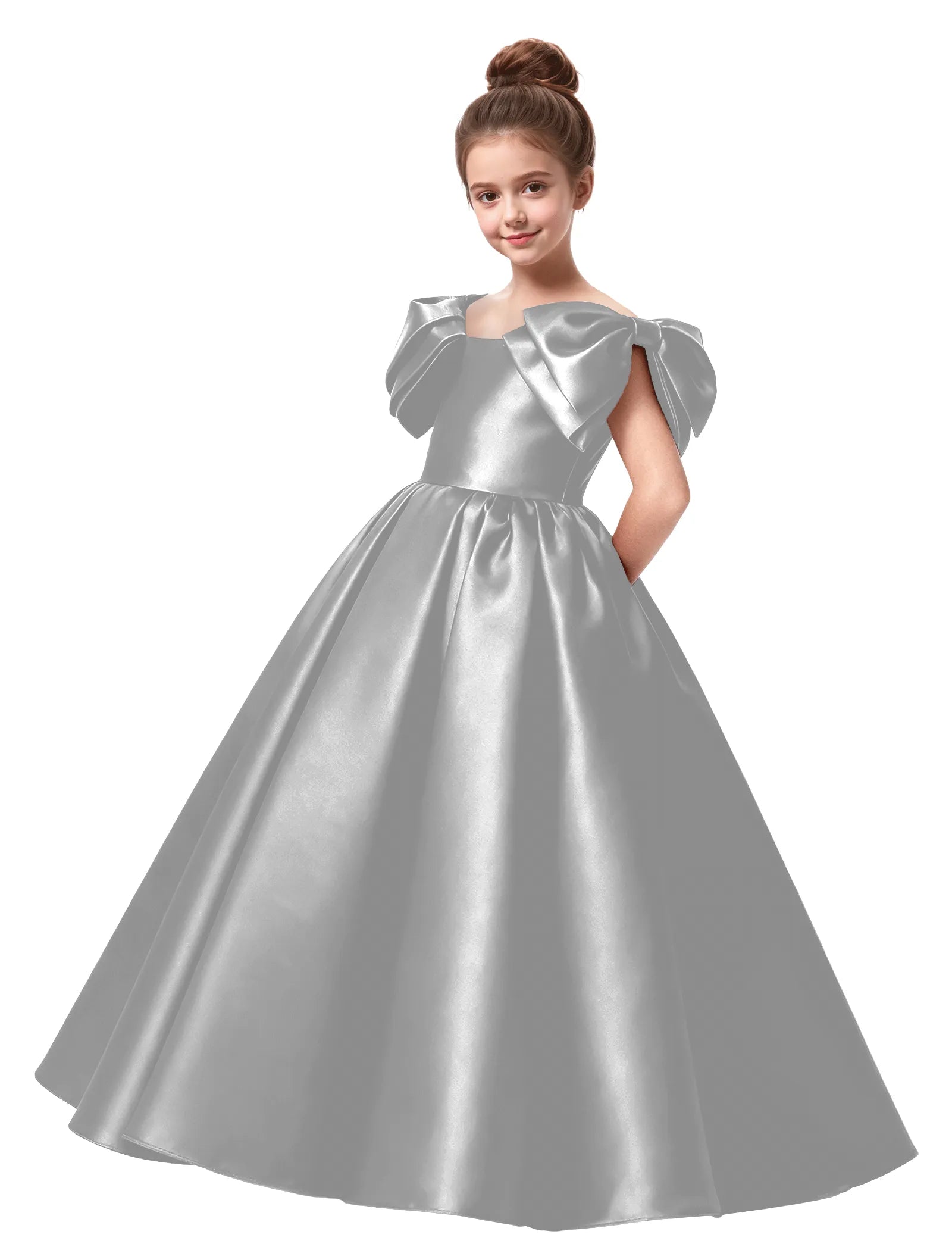 Junior Bridesmaid Satin Dress with Dramatic Bows