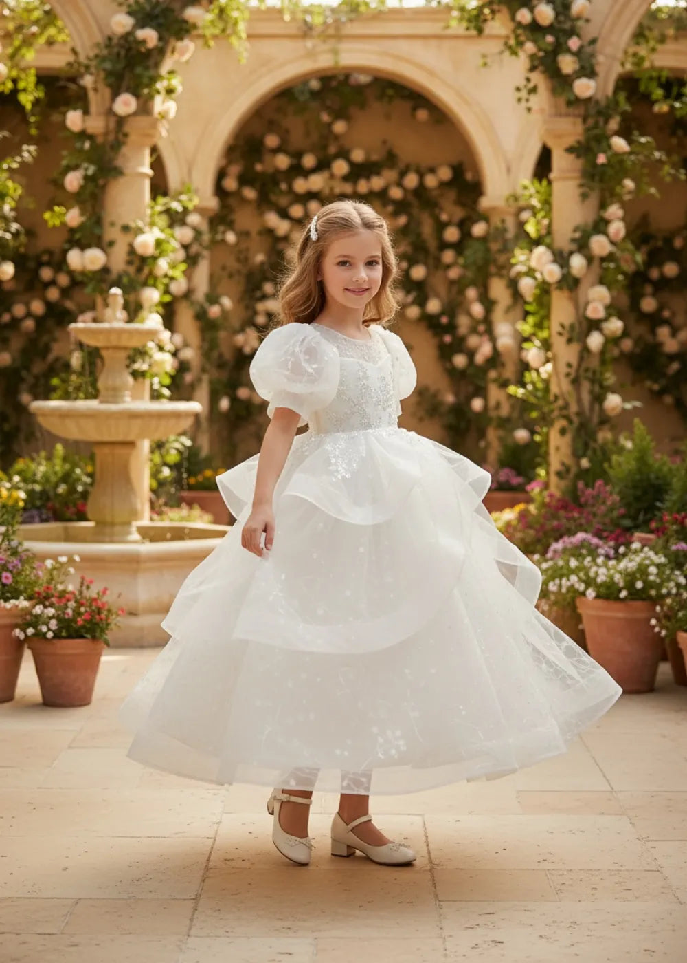 Girls Fairytale Puff Sleeve Flower Girl Dress