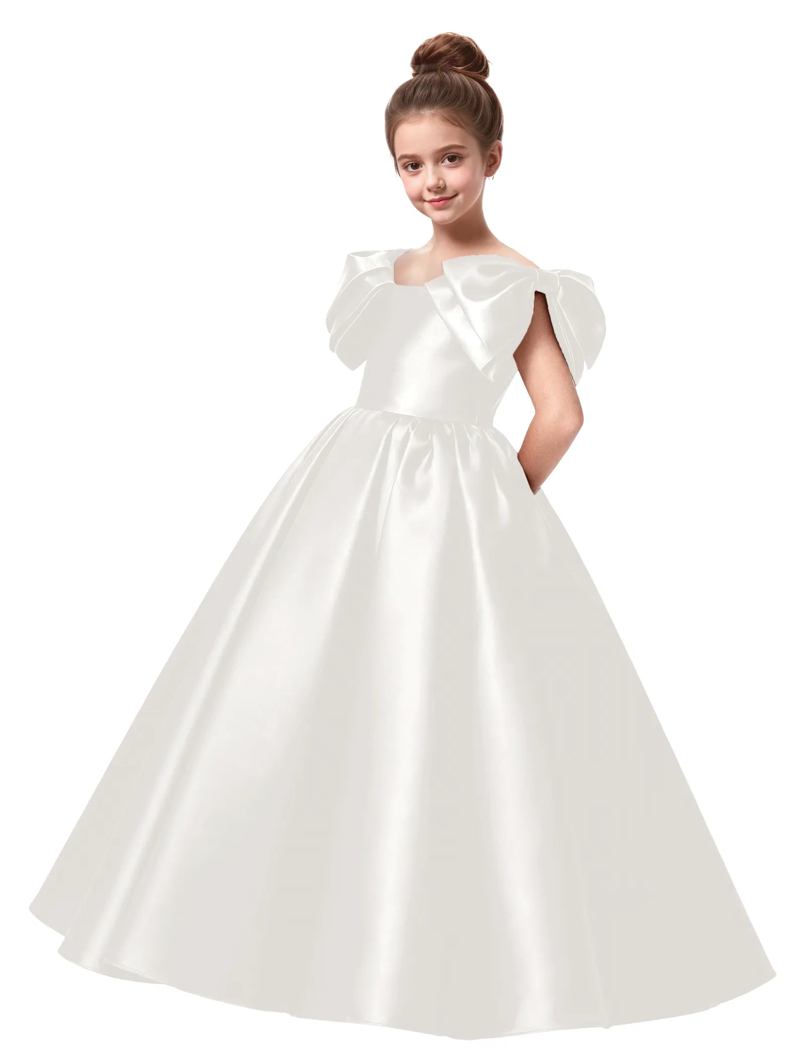 Junior Bridesmaid Satin Dress with Dramatic Bows