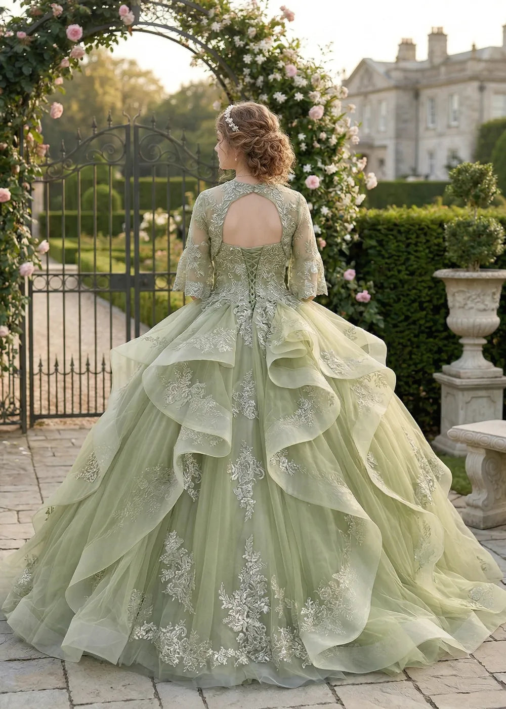 Elegant Two-Piece Garden Lace Tulle Ball Gown with Ruffles