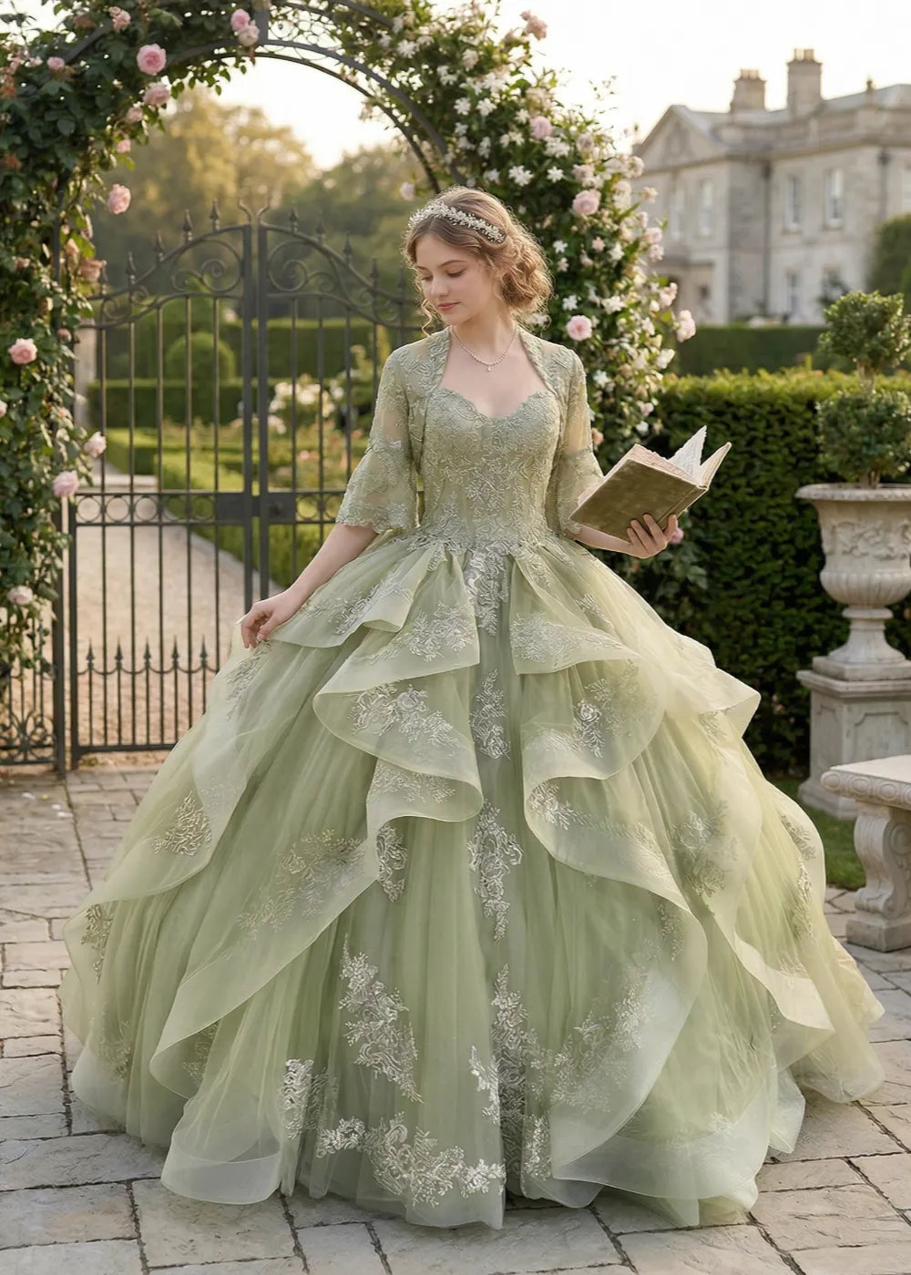 Elegant Two-Piece Garden Lace Tulle Ball Gown with Ruffles