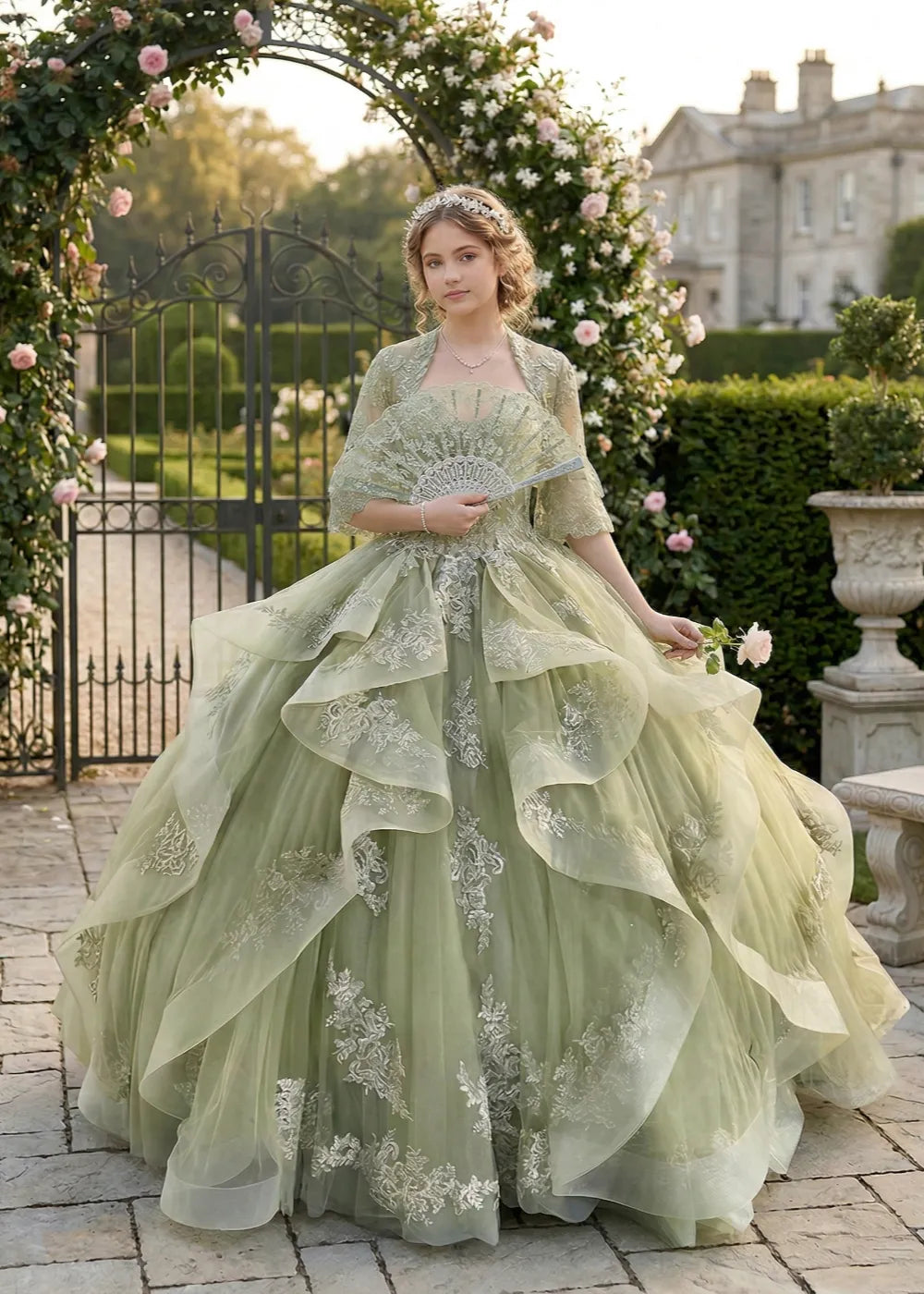 Elegant Two-Piece Garden Lace Tulle Ball Gown with Ruffles