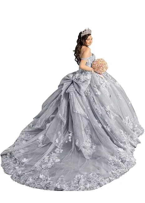 Off Shoulder Flower Embroidered Tulle Wedding Dress