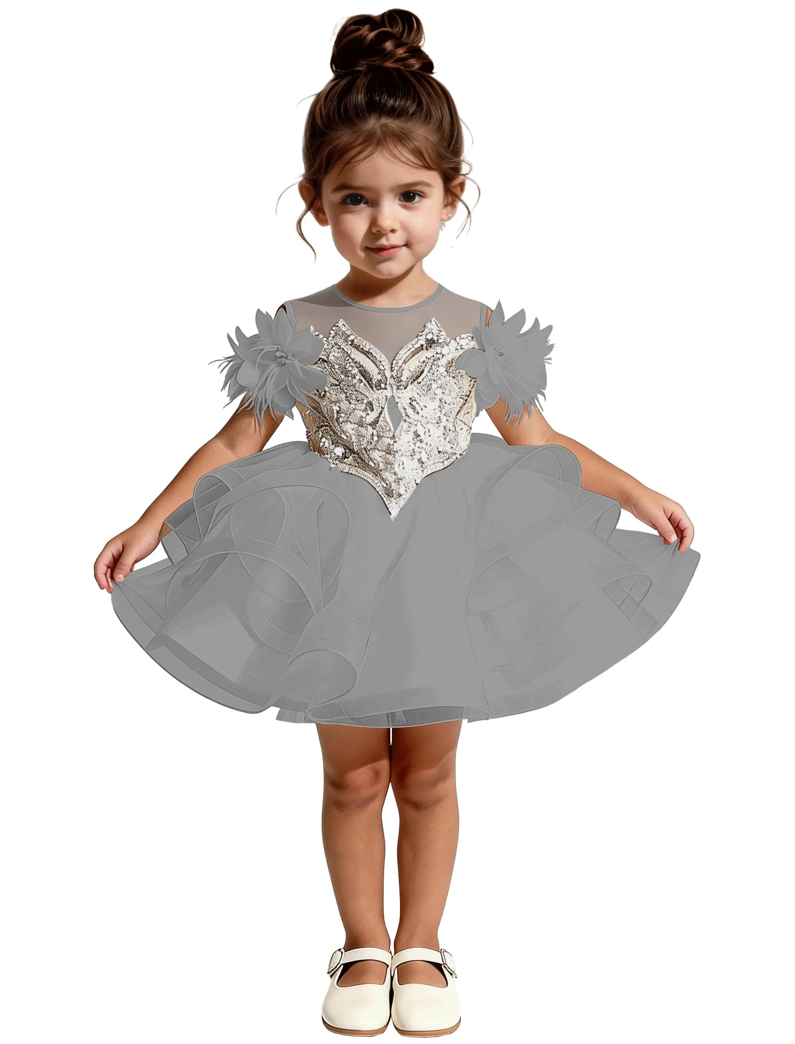 Sequin Floral Flower Girl Dress with Puff Skirt