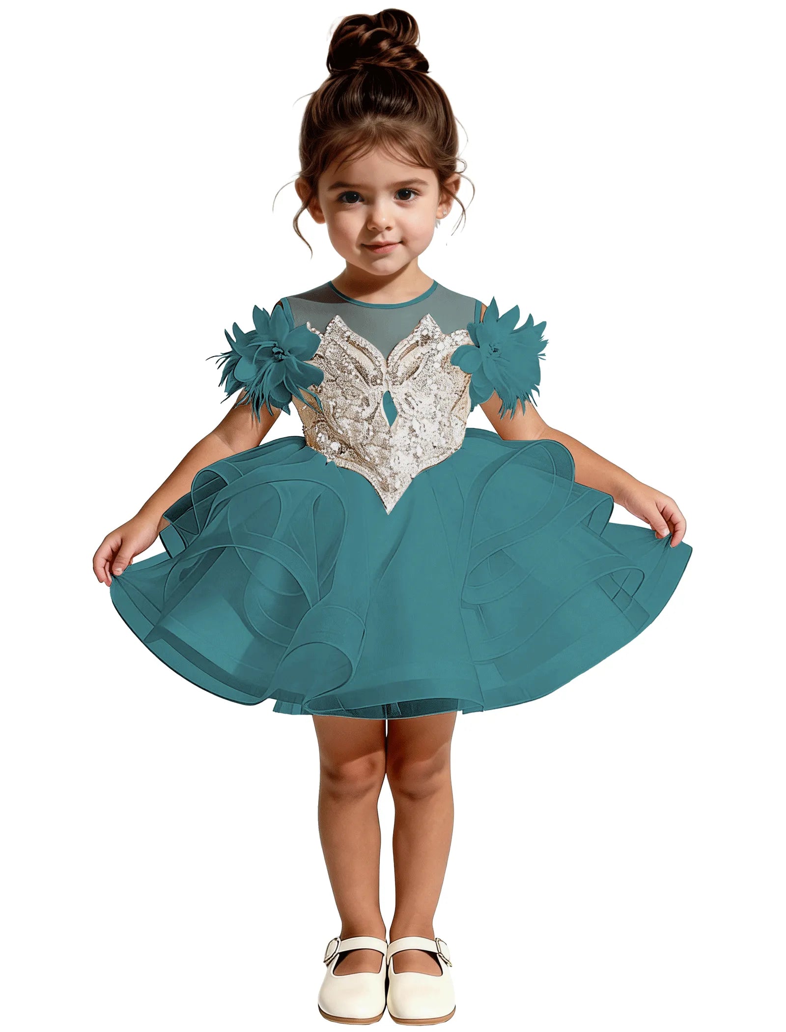 Sequin Floral Flower Girl Dress with Puff Skirt