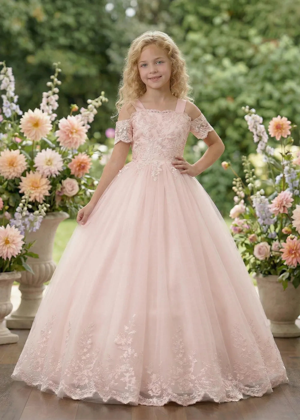 Classic Princess Style Girls Formal Tulle Dress with Layered Skirt