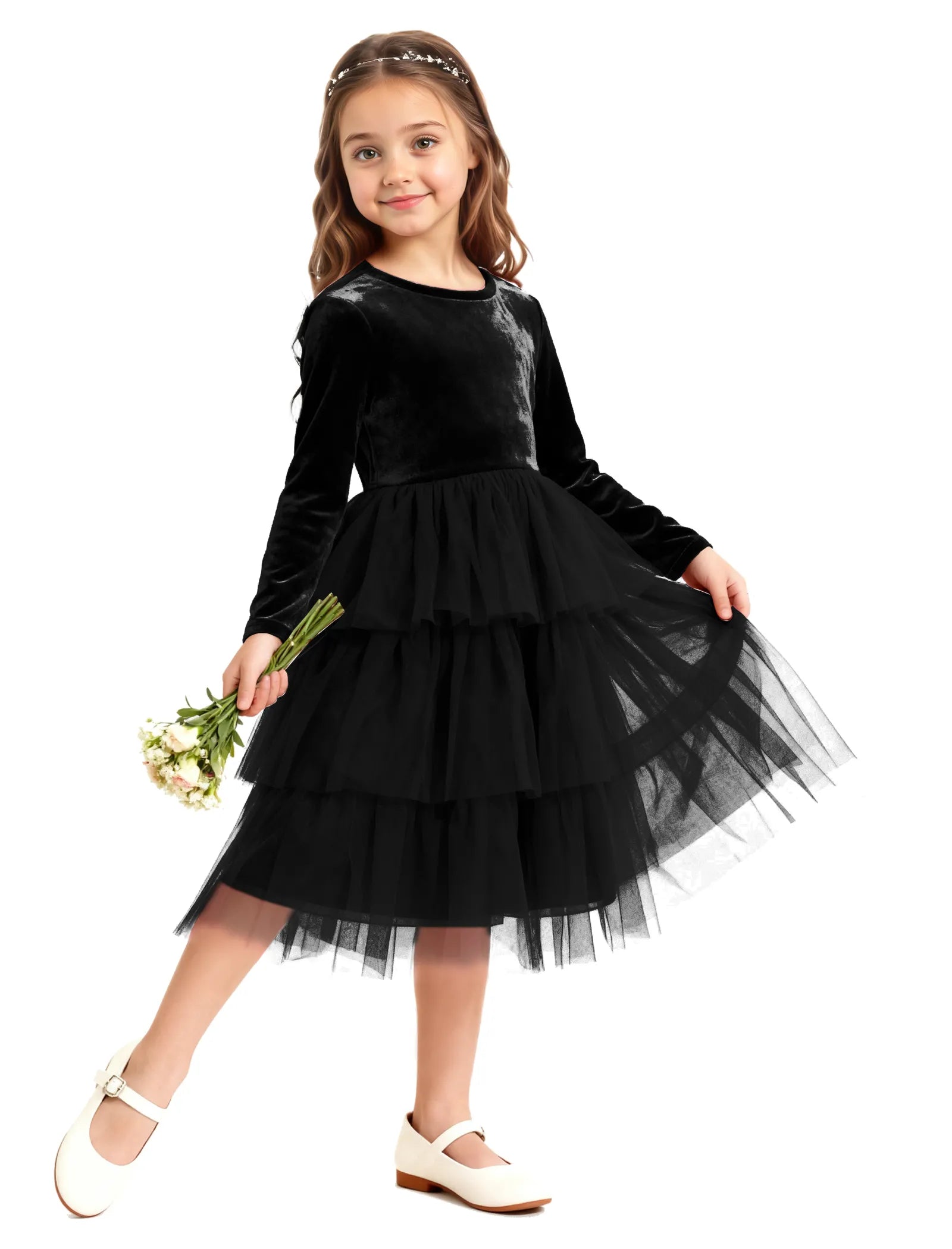 Velvet Ruffle Tulle Girls Party Dress