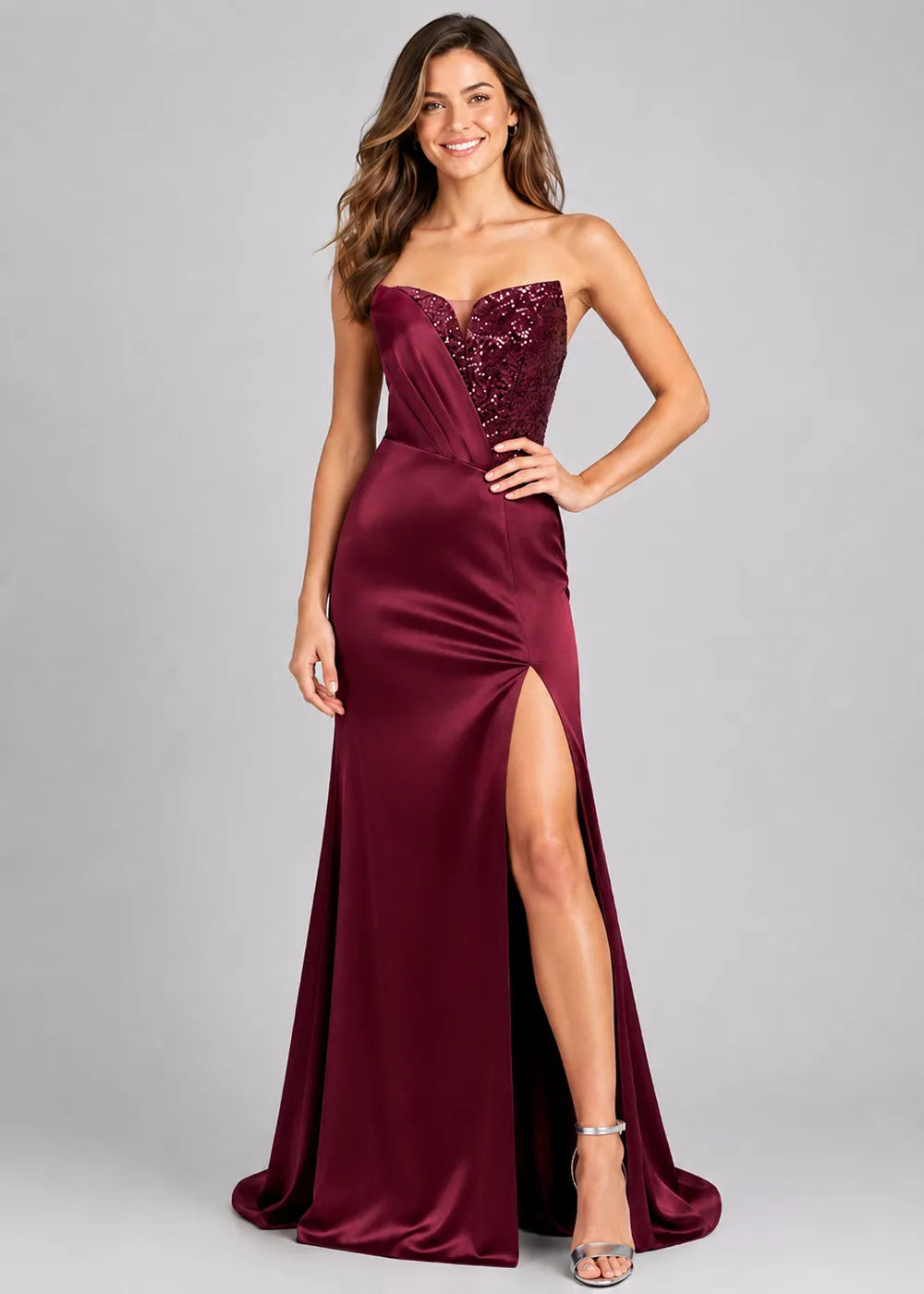Luxury Beaded Satin Mermaid Gown with High Slit