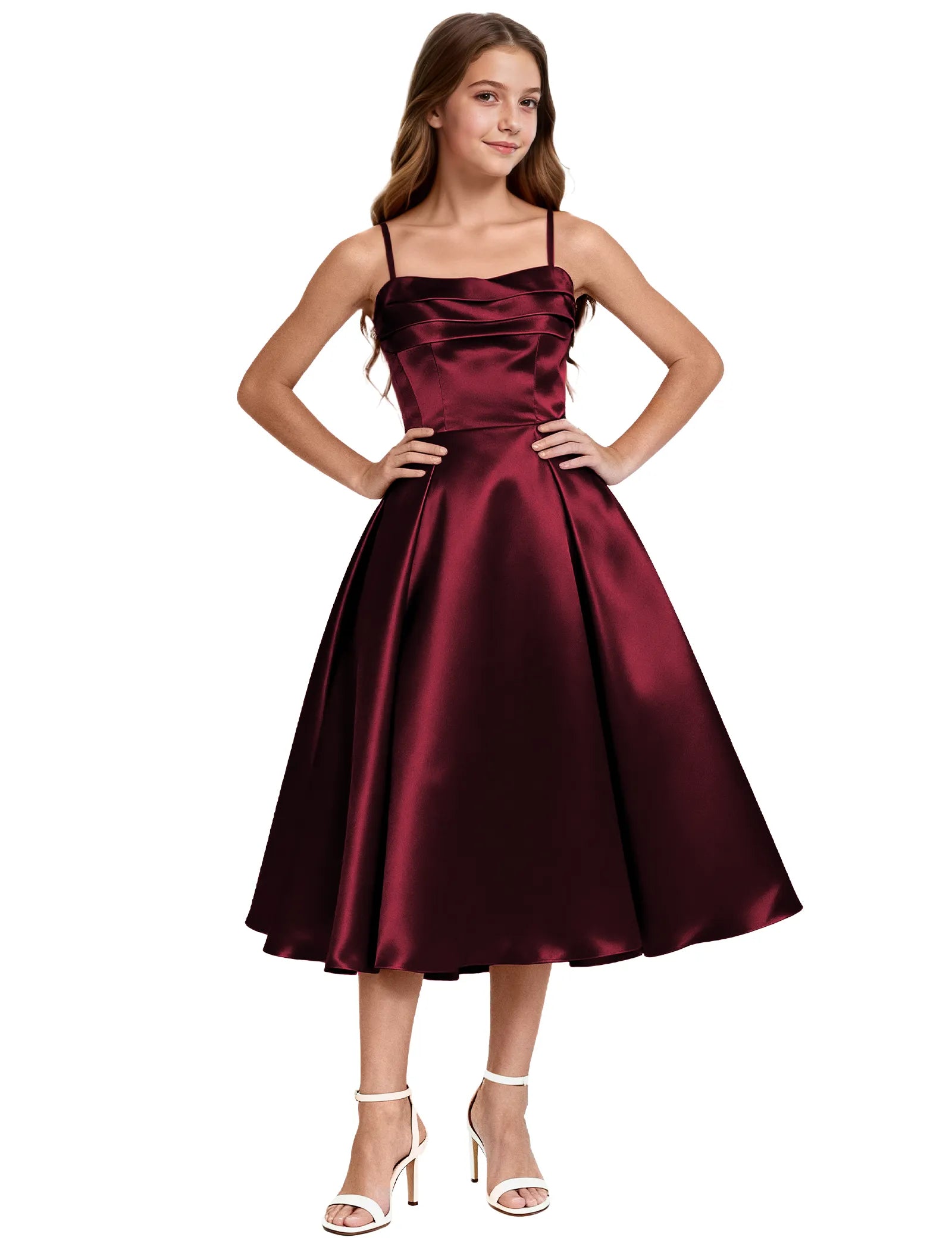 Elegant Satin Midi Dress for Girls with Spaghetti Straps