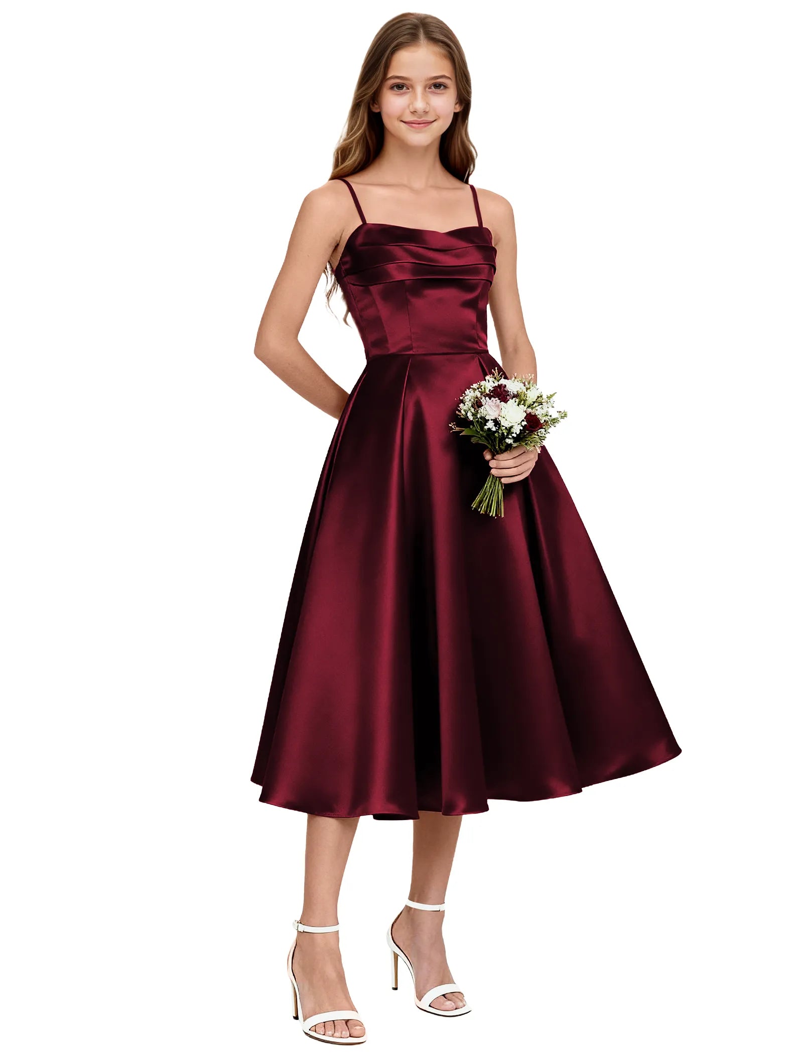 Elegant Satin Midi Dress for Girls with Spaghetti Straps