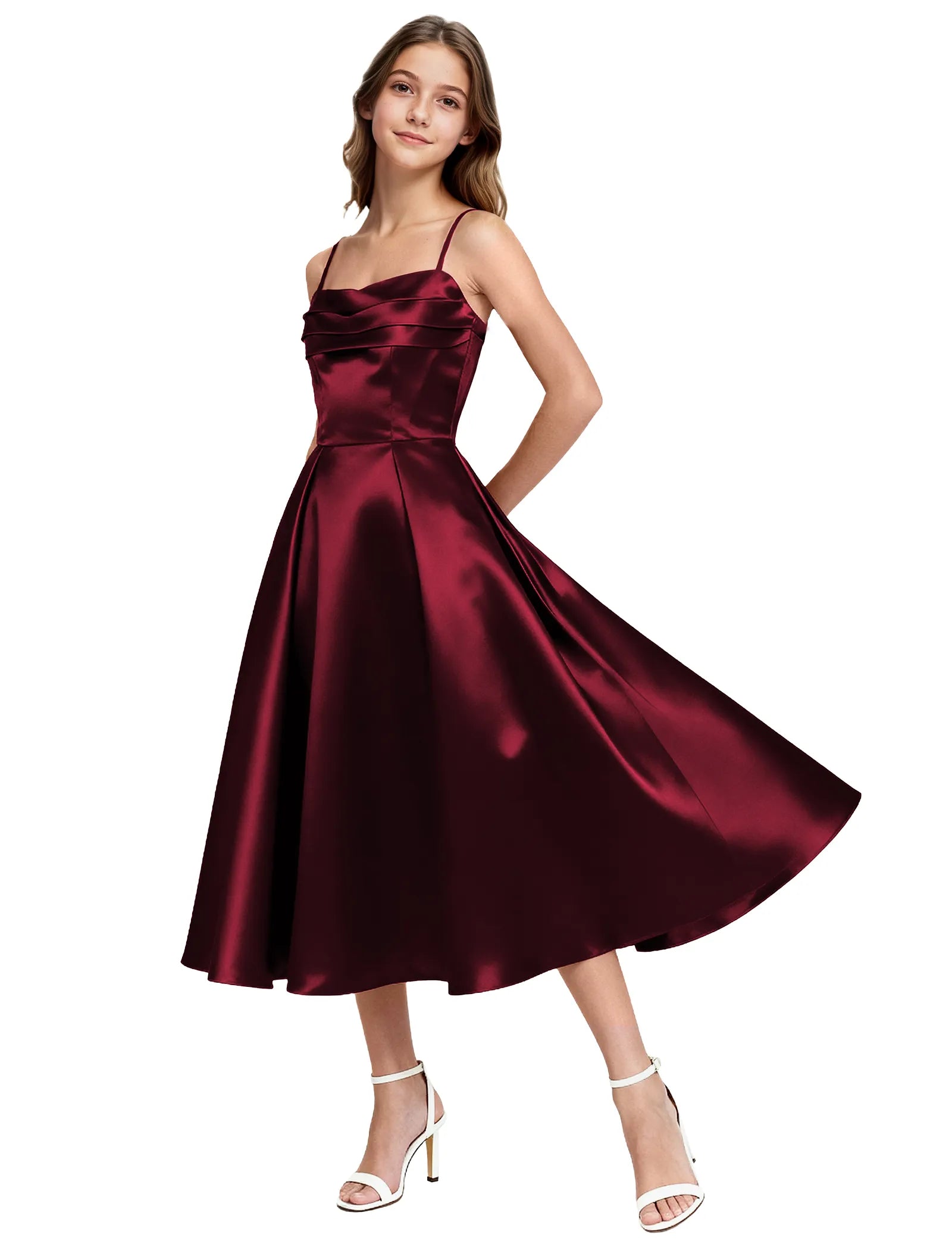 Elegant Satin Midi Dress for Girls with Spaghetti Straps