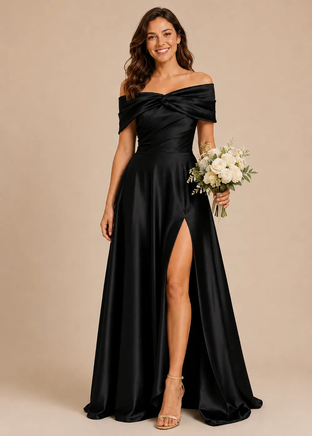 Aurelia Draped Off-Shoulder Satin Evening Gown