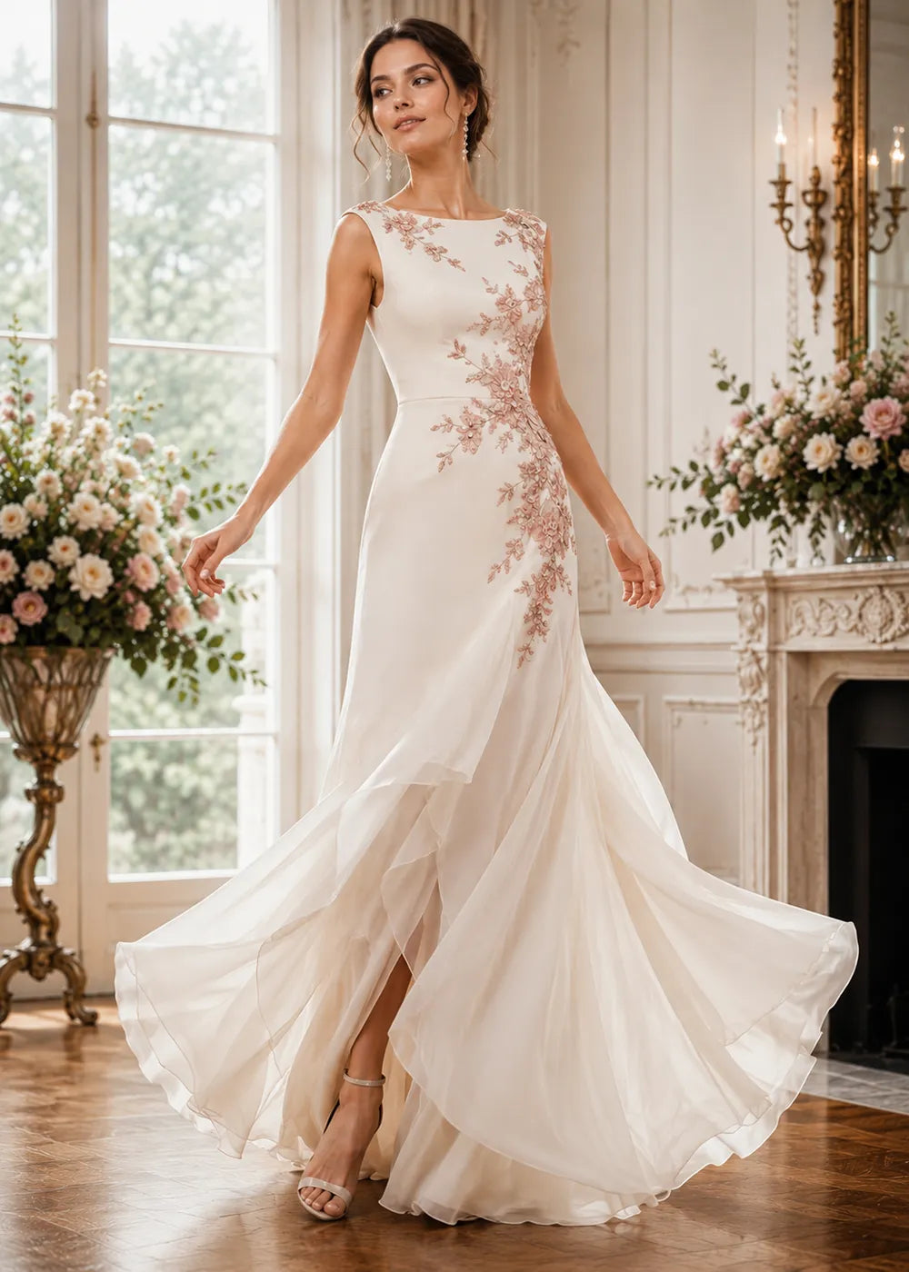 Floral Embellished Ruffle-Hem Formal Gown